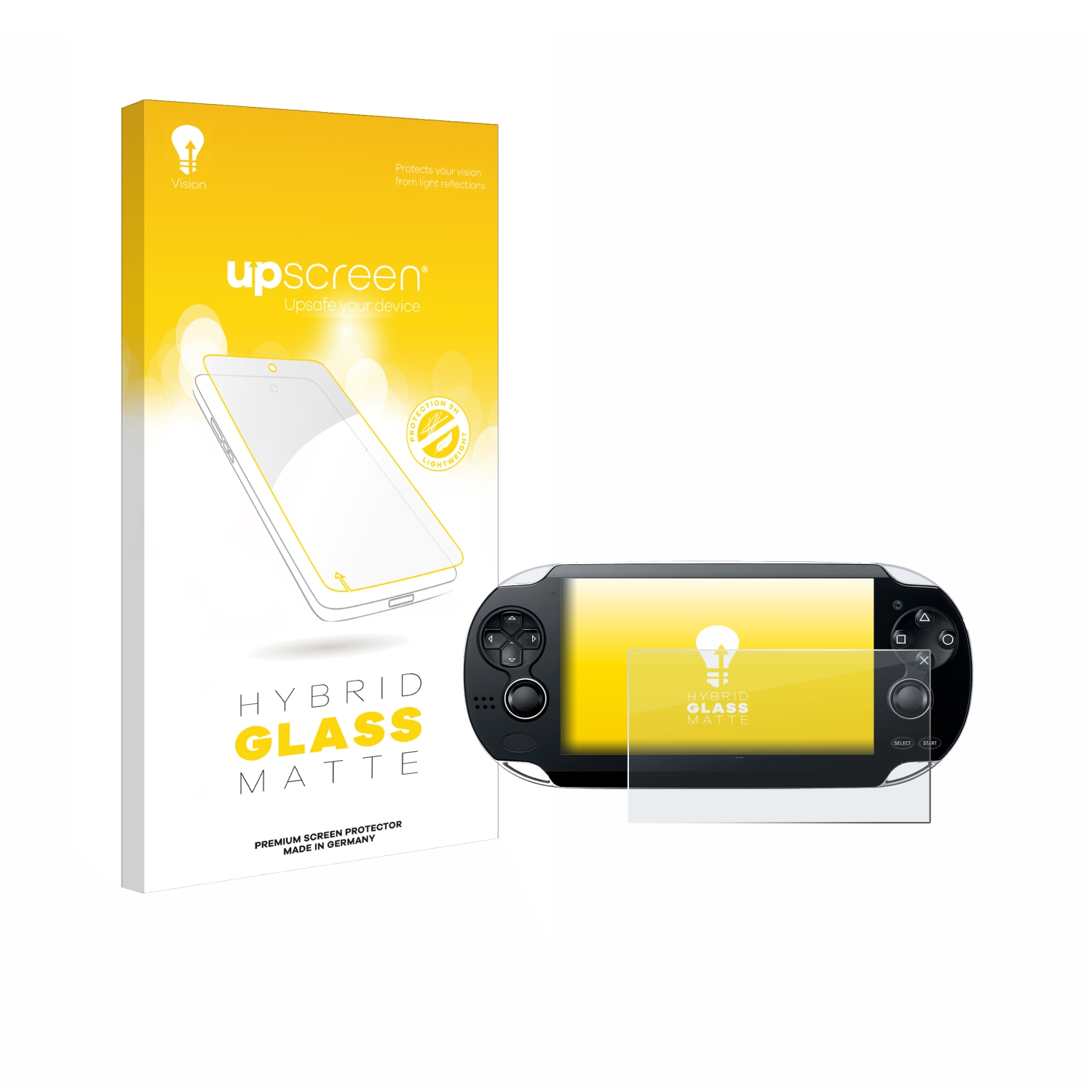 Upscreen Hybrid Glass Matte Displayschutzfolienbox und eine PS Vita mit aufgebrachter Schutzfolie auf weißem Hintergrund.