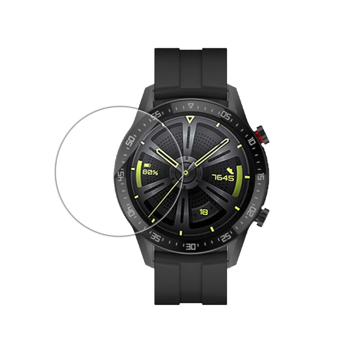Uno smartwatch con protezione schermo che mostra l'interfaccia dell'orologio, inclusi batteria e ora.
