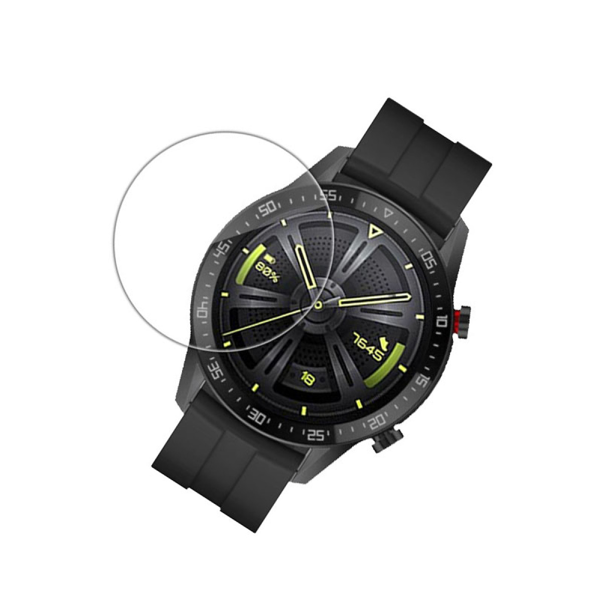 Uno smartwatch nero con protezione schermo. Mostra l'ora e la percentuale della batteria.