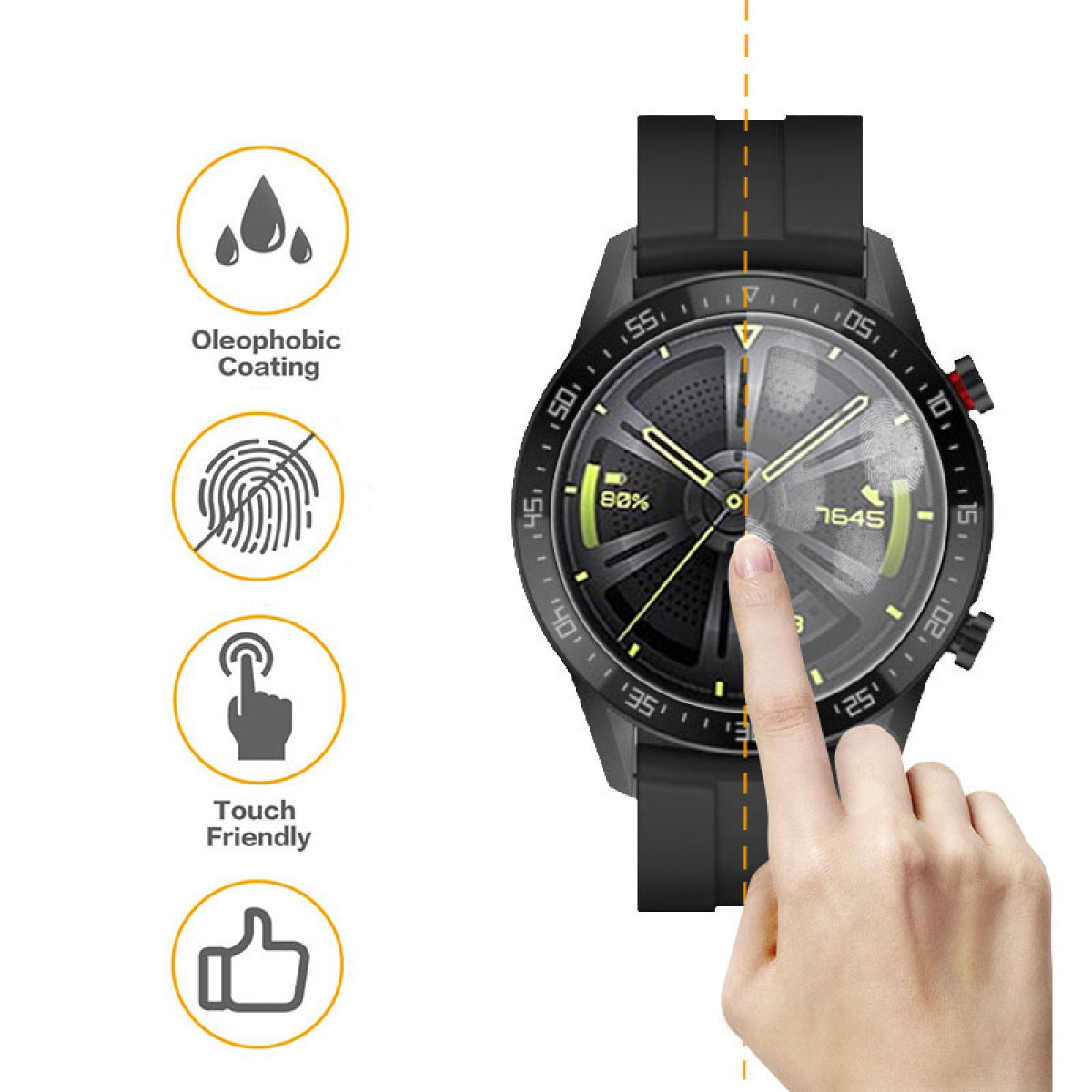 Un dito tocca lo schermo di uno smartwatch, evidenziando il rivestimento touch-friendly e oleorepellente.
