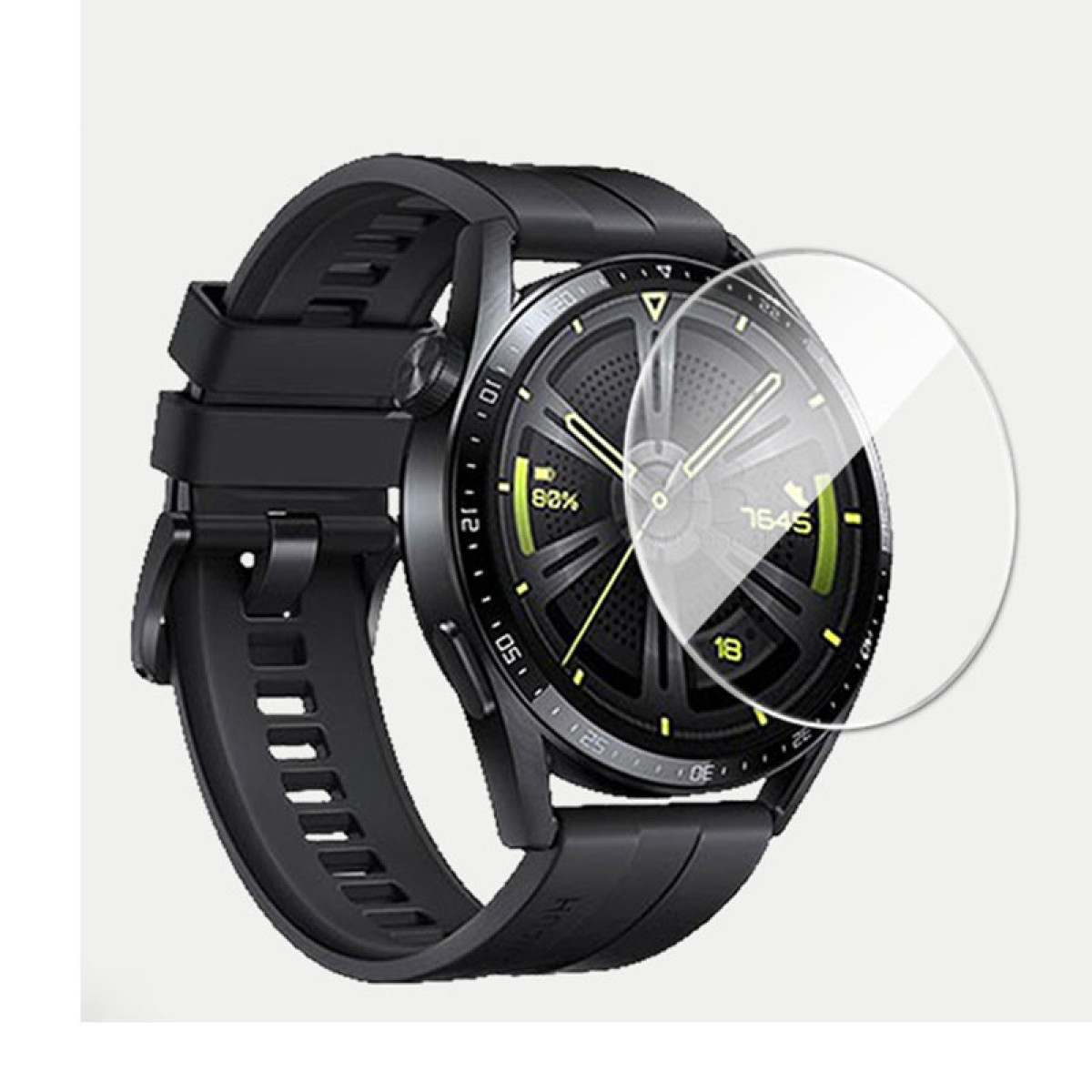 Uno smartwatch con protezione schermo, che mostra la durata della batteria e l'ora. Orologio nero con cinturino nero.