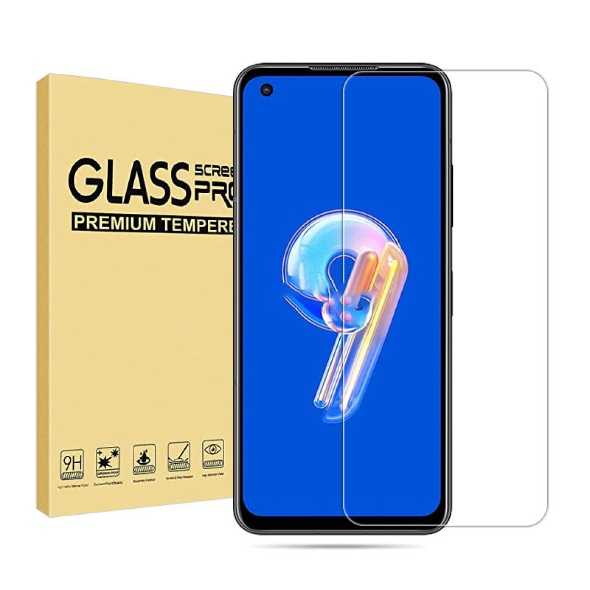 Uno smartphone con protezione schermo e una scatola gialla. Lo schermo mostra un display colorato.