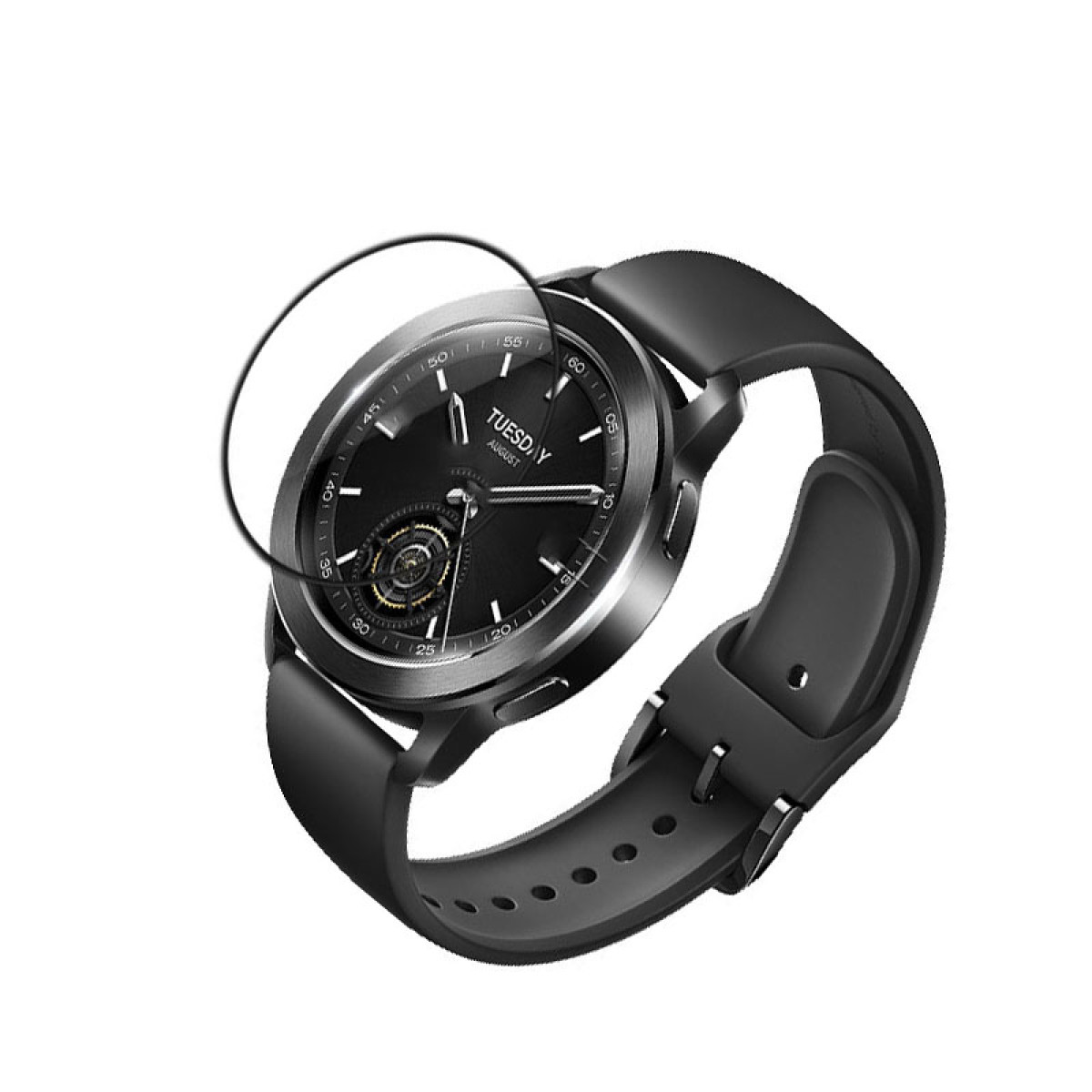 Orologio da polso nero con protezione schermo trasparente, leggermente angolato. Sfondo bianco.