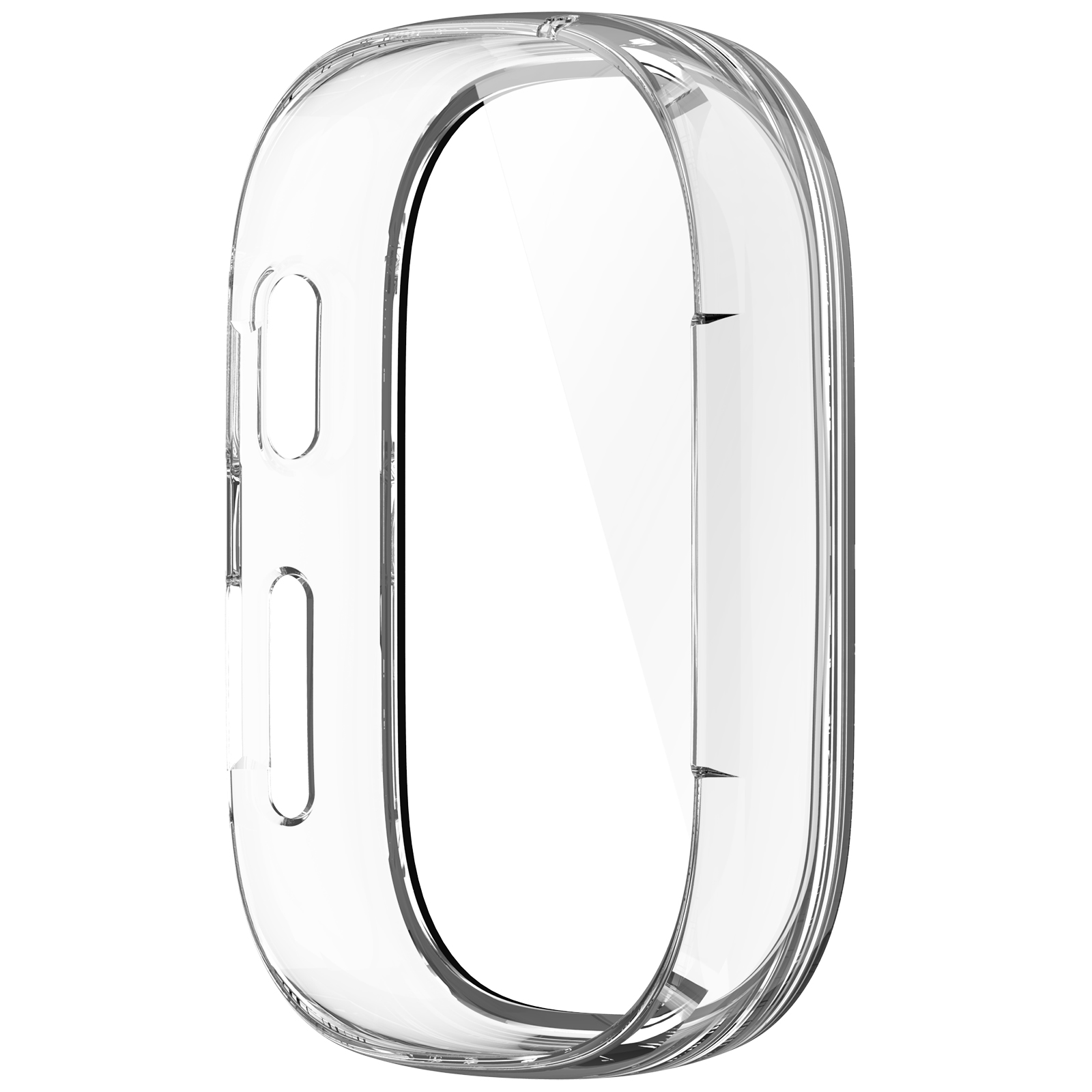 Przezroczyste etui na smartwatch. Etui jest przezroczyste i ma owalny kształt.