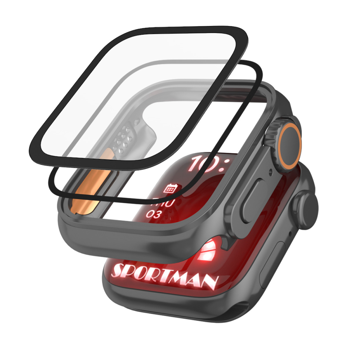 Smartwatch z warstwami ochronnymi ekranu. Wyświetla 'SPORTMAN' i godzinę.
