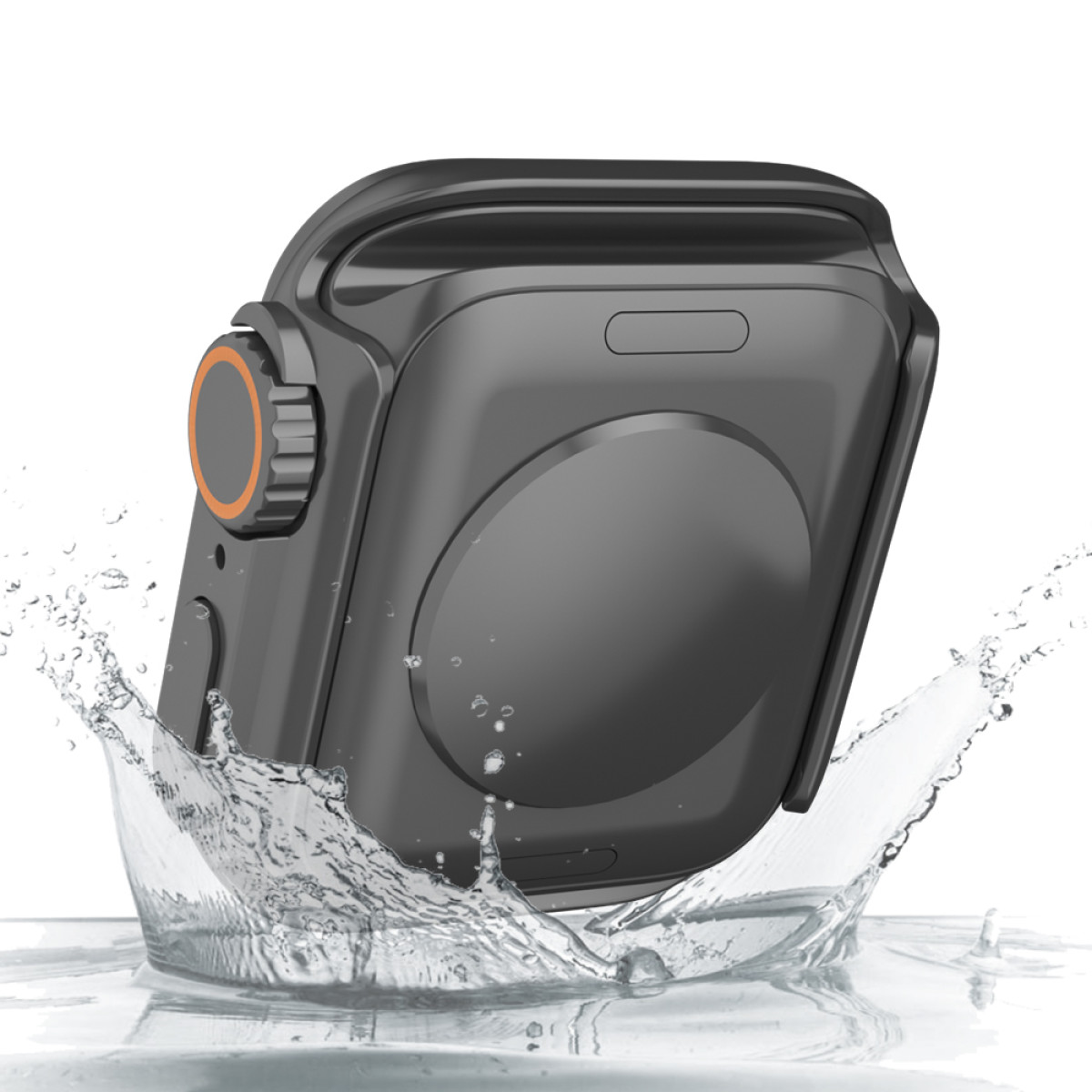 Czarna obudowa zegarka z pomarańczowym przyciskiem pokazana z rozpryskującą się wokół wodą, na białym tle.