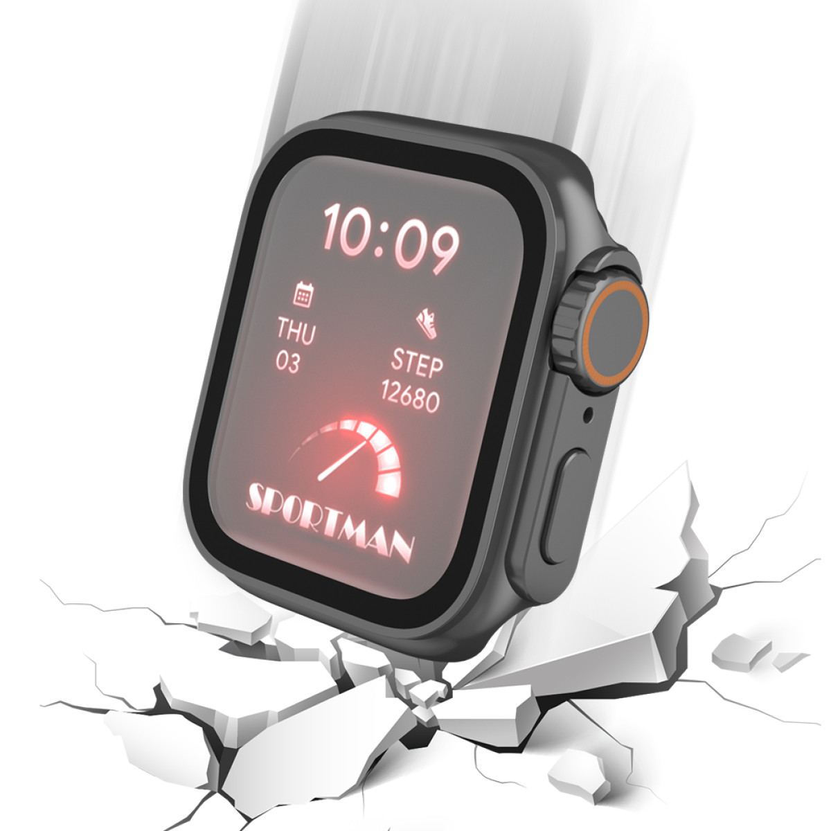 Czarny smartwatch wyświetla czas, datę i kroki, pęknięta ziemia poniżej, wskazując odporność na uderzenia.