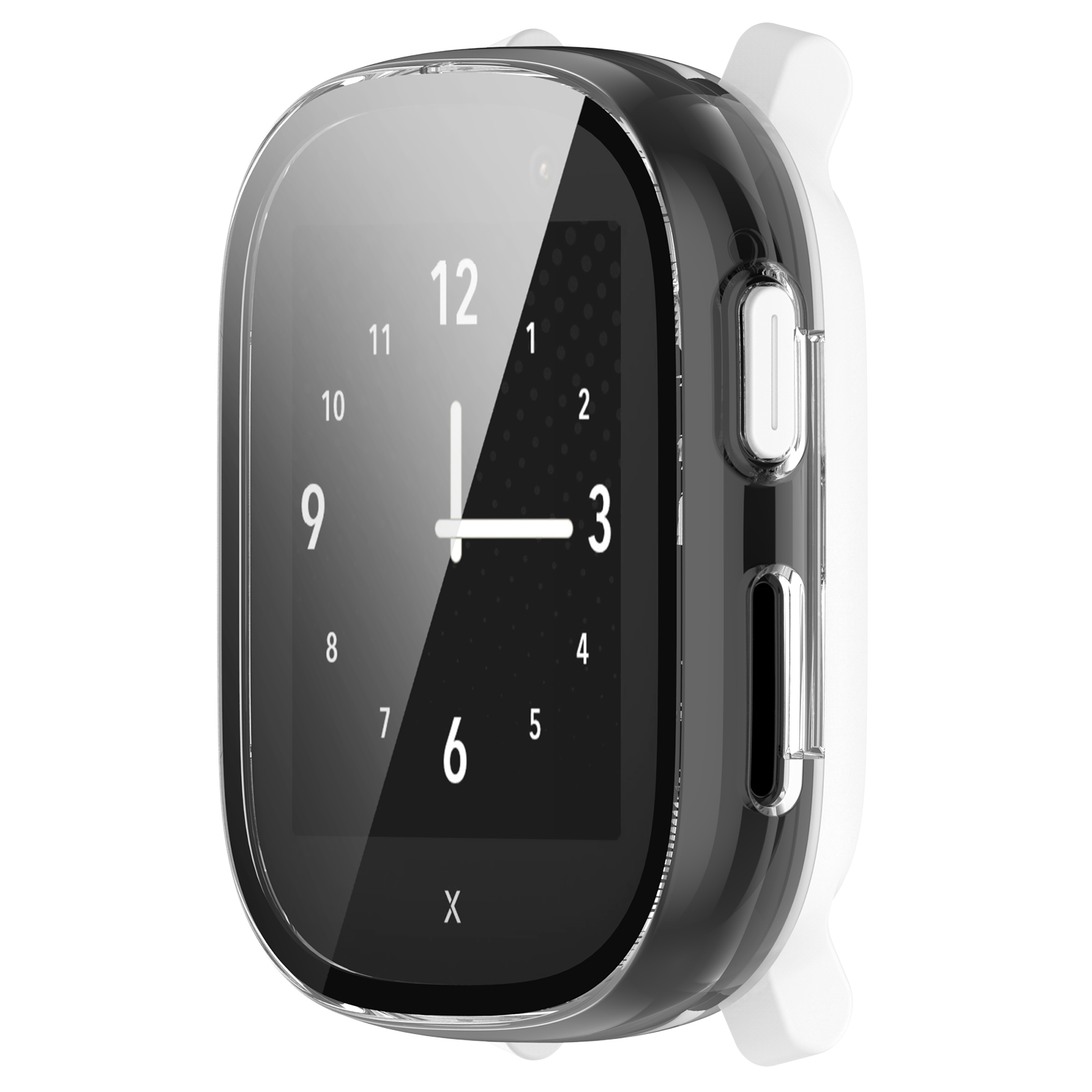 Obudowa zegarka, czarna i przezroczysta, pokazująca tarczę zegarka z godziną 12:03, na białym tle.