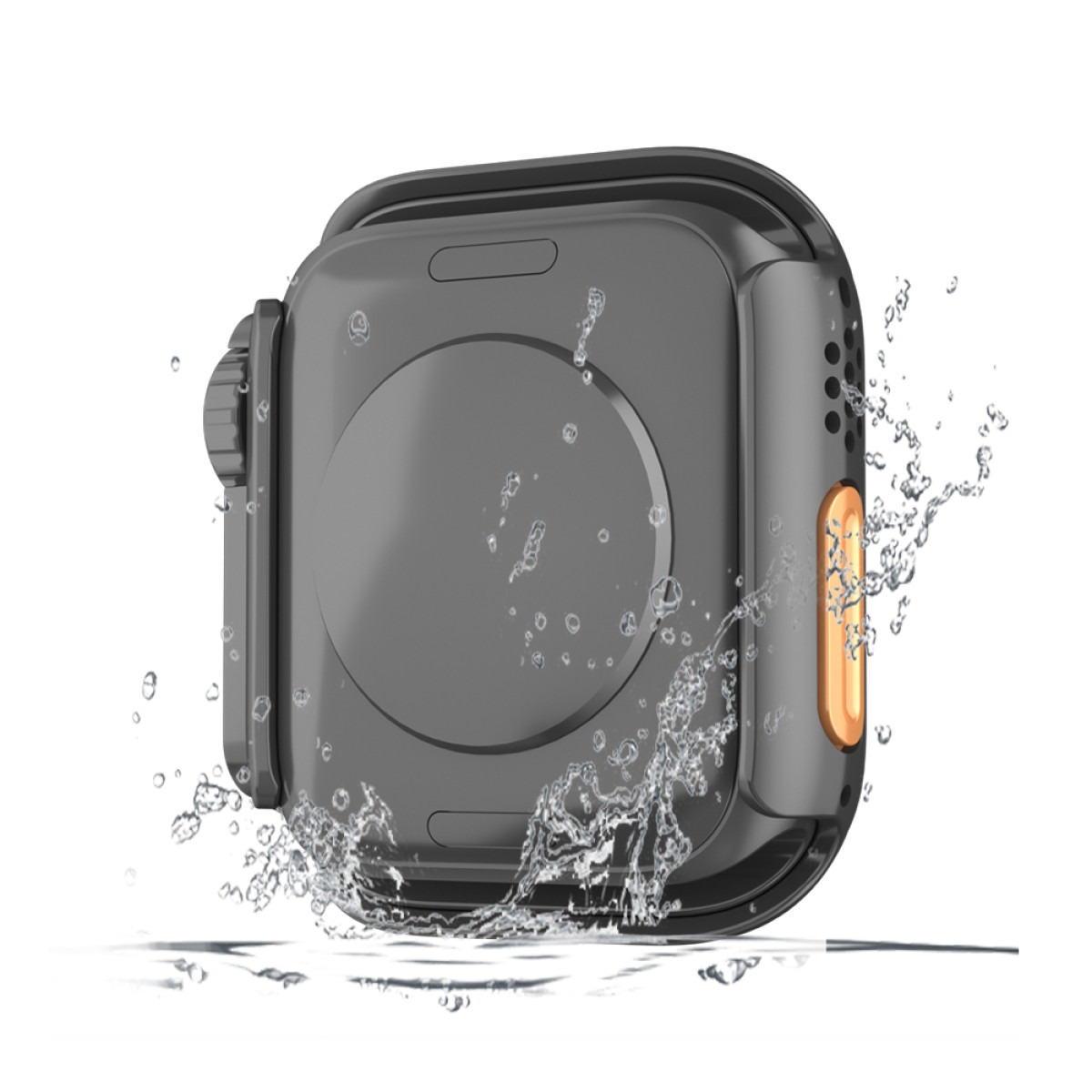 Czarna obudowa smartwatcha z rozpryskami wody. Obudowa jest pod kątem, z rozpryskami.