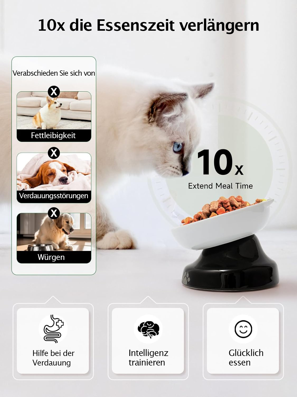 Futternapf mit Katzen-, Welpen- und Hundebildern, Text zur Verlängerung der Mahlzeit.