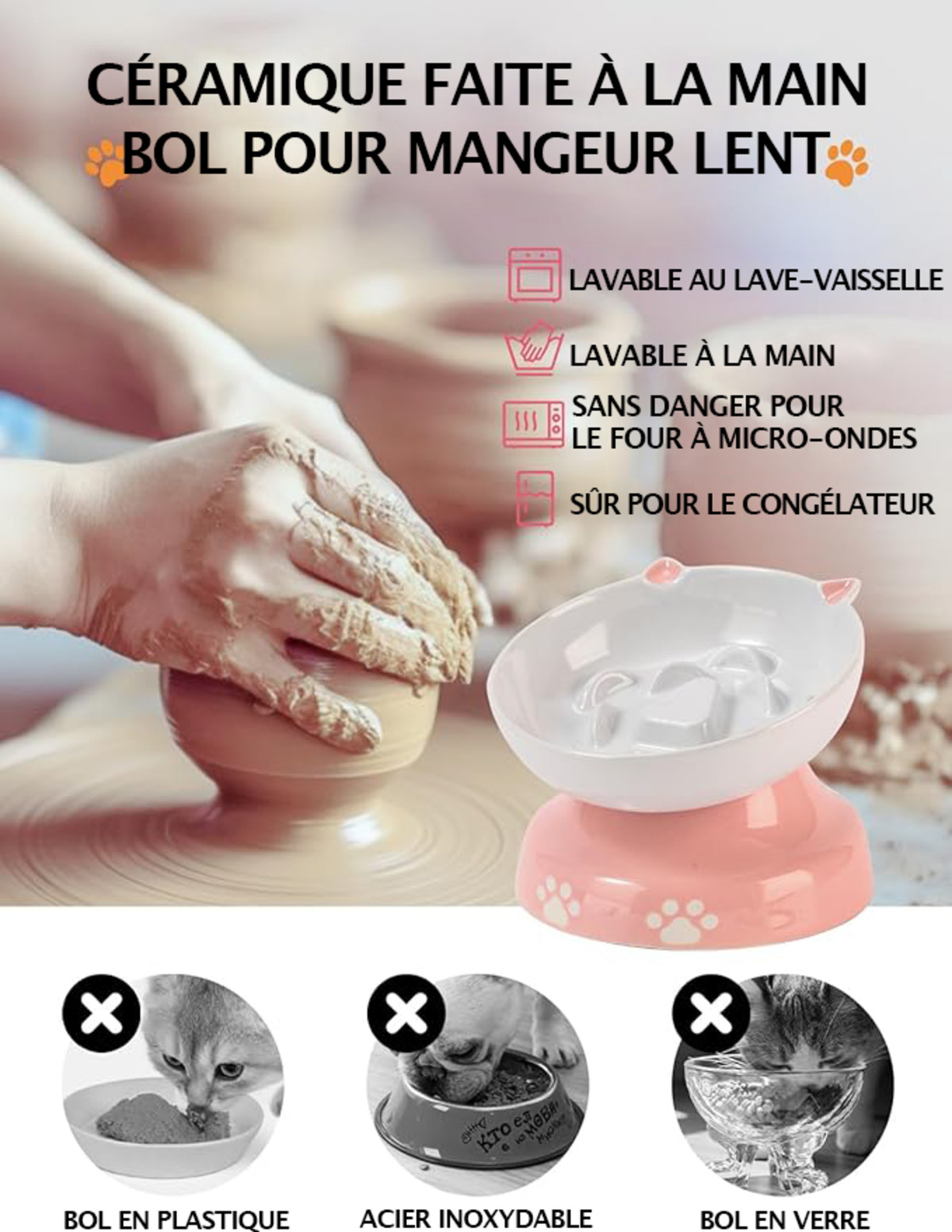 Realizzazione di una ciotola in ceramica per gatti. Si vede una mano.