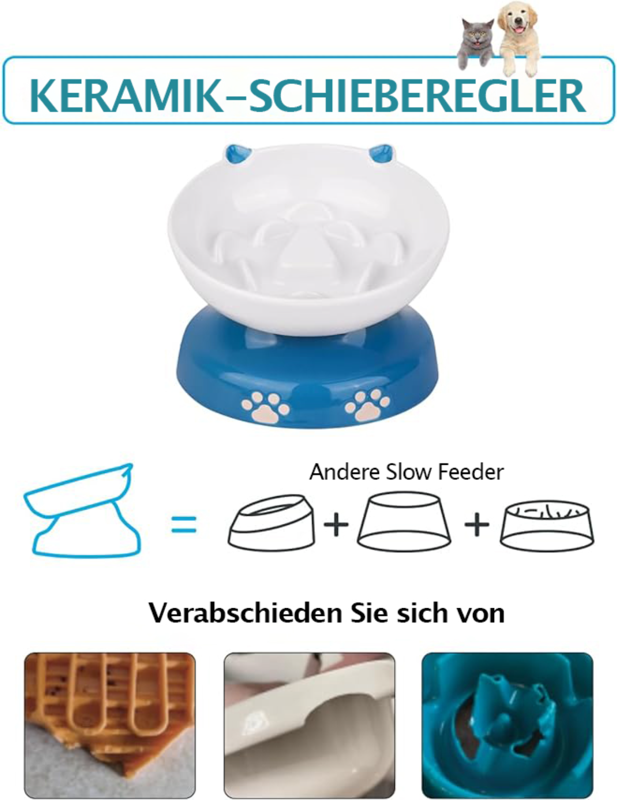 Ein weiß-blauer Slow-Feeder-Napf mit Diagrammen und Bildern, für Haustiere bestimmt.