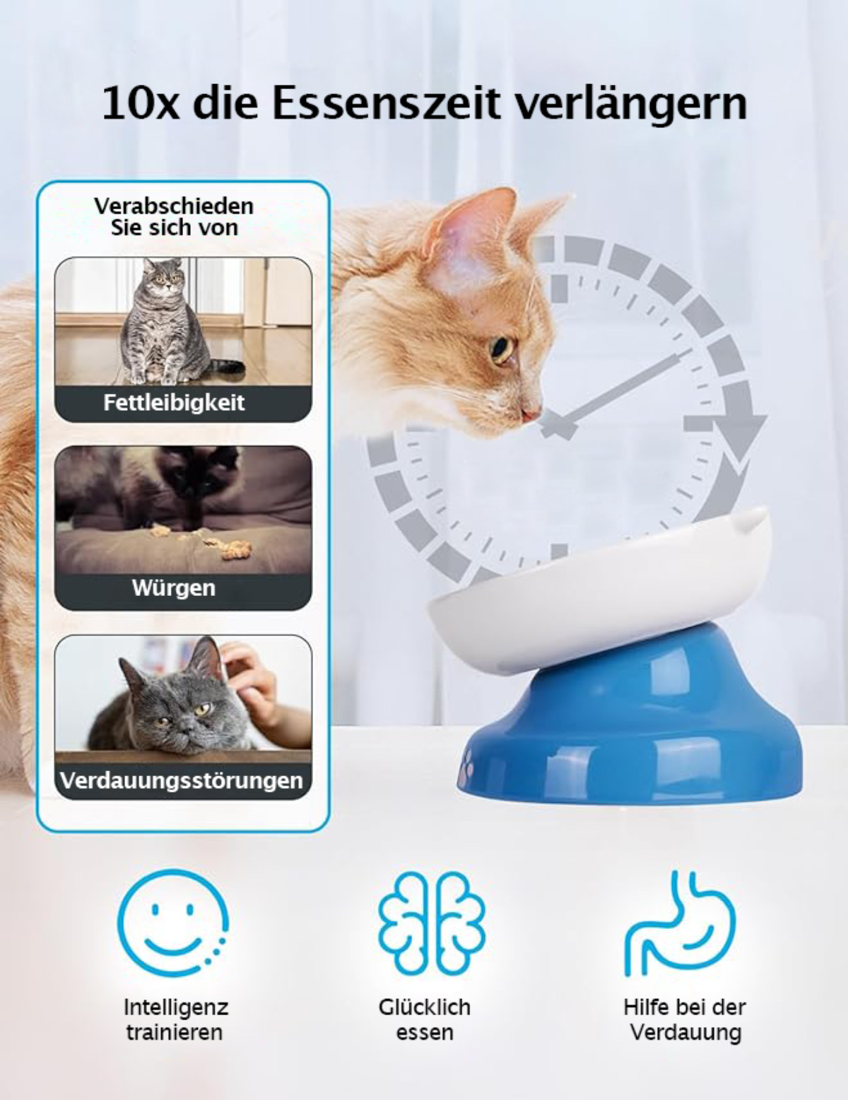 Ein Bild, das eine weiß-blaue Slow-Feeder-Schale mit Katzen und Vorteilen zeigt.