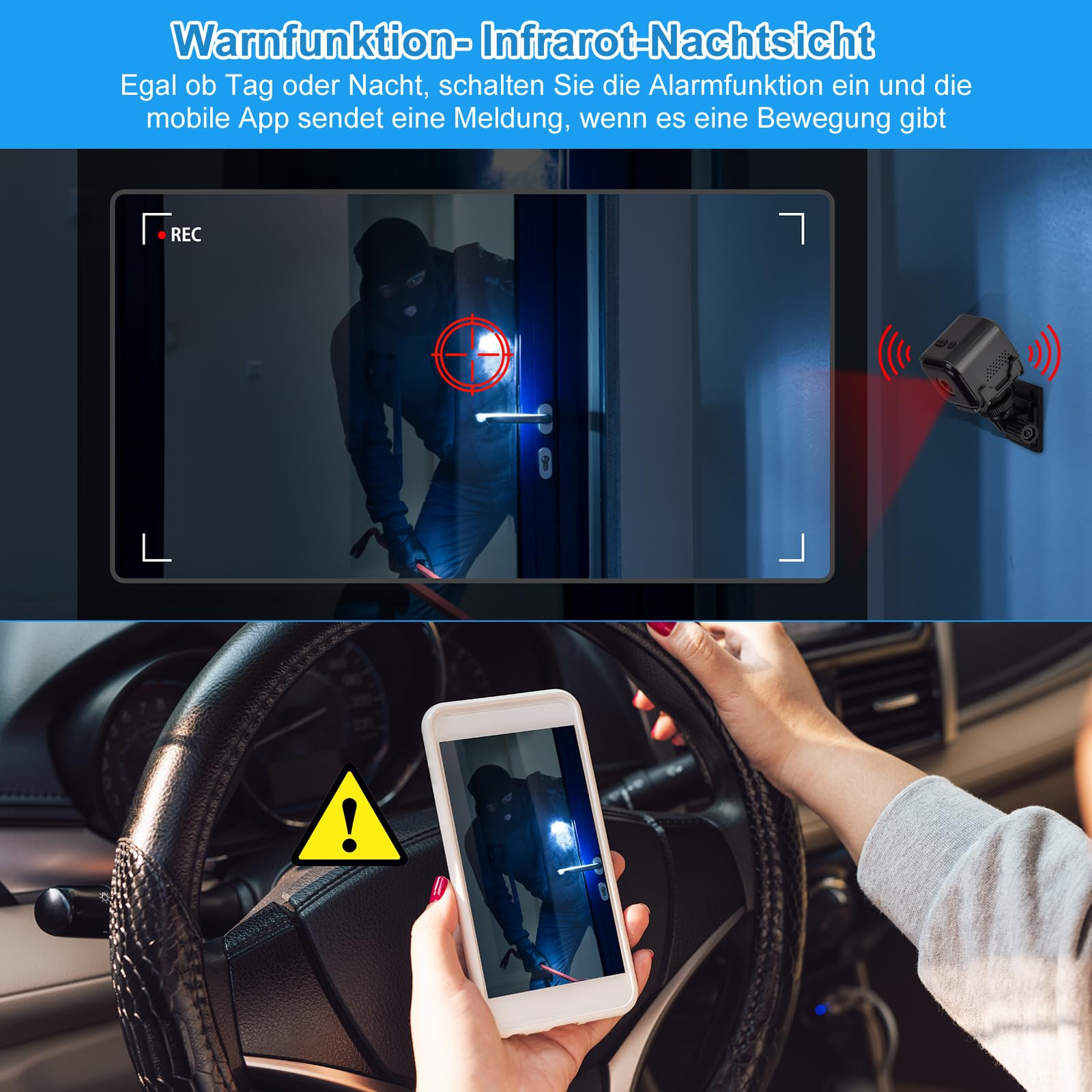 Kleine Würfelkamera mit einem Objektiv, umgeben von einem Filmstreifen mit Bildern von Personen. Text: Kann gespeicherte Überwachungsvideos abspielen.