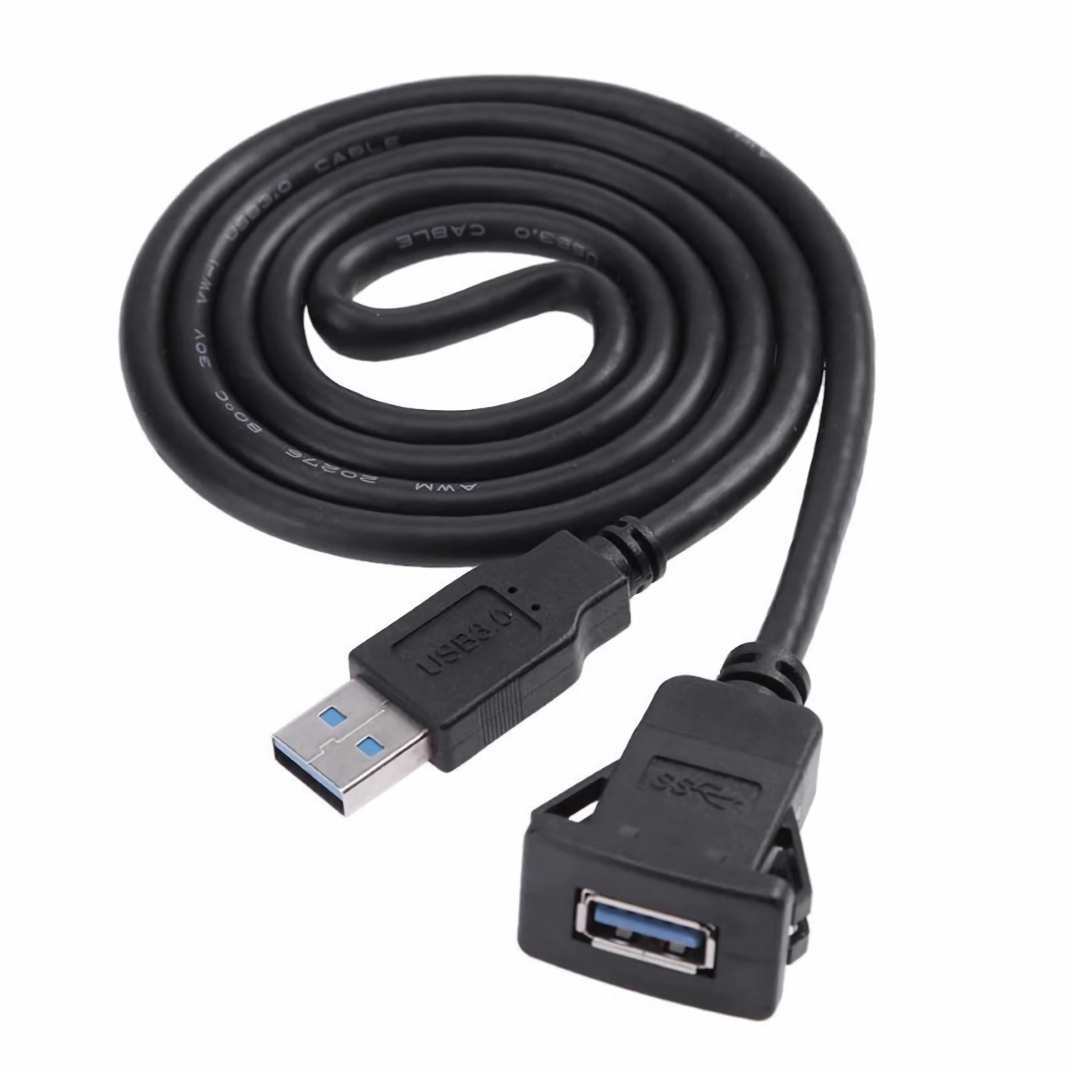 Schwarzes USB 3.0-Kabel mit einem USB-Stecker und einer USB-Buchse.