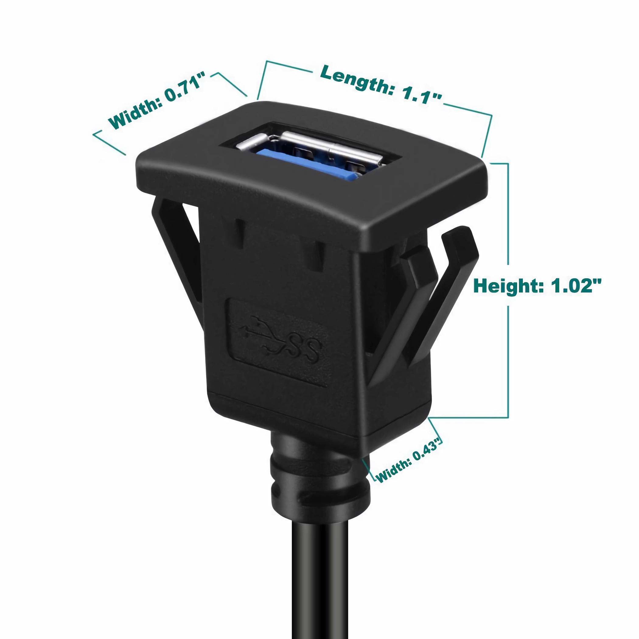 Nahaufnahme eines USB-Anschlusses mit Abmessungen: 0,71" Breite, 1,1" Länge und 1,02" Höhe.