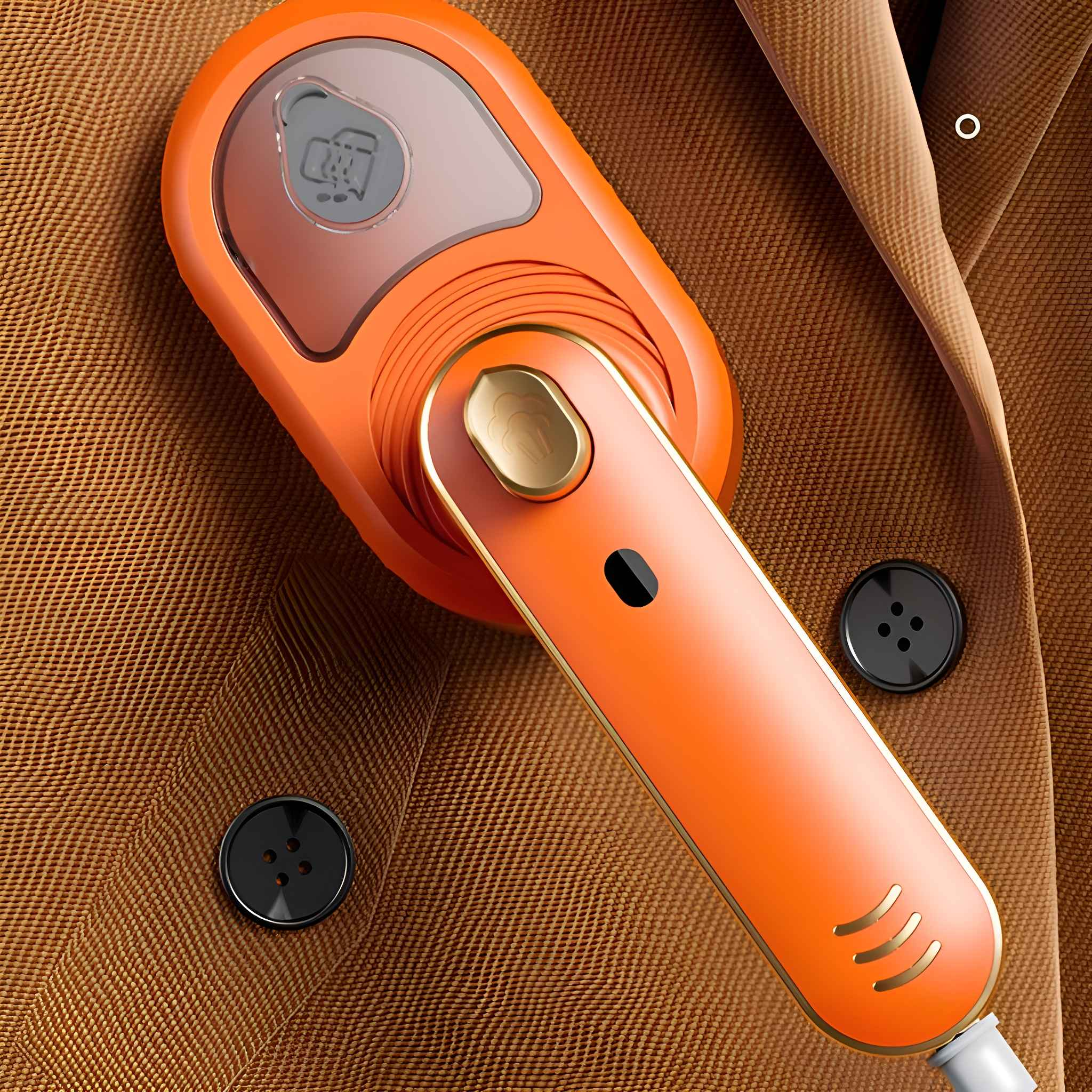 Nahaufnahme eines orangefarbenen Bügeleisens auf einer braunen Jacke. Knöpfe sind auf der Jacke.