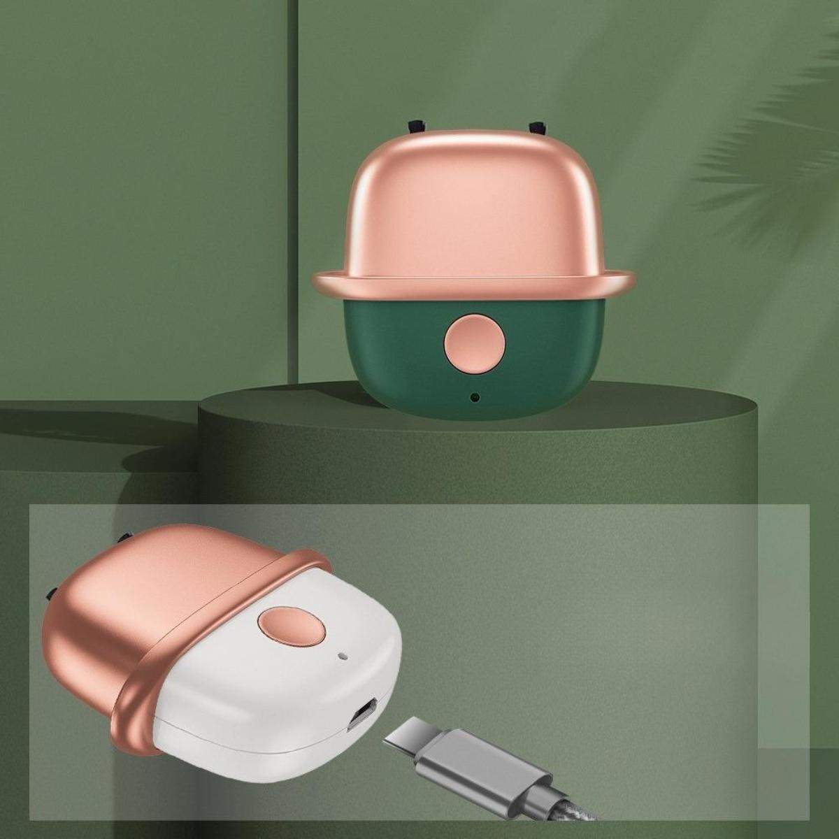 Ein grün-kupferfarbenes Gerät. Eines steht aufrecht. Ein anderes liegt mit einem USB-C-Kabel daneben.