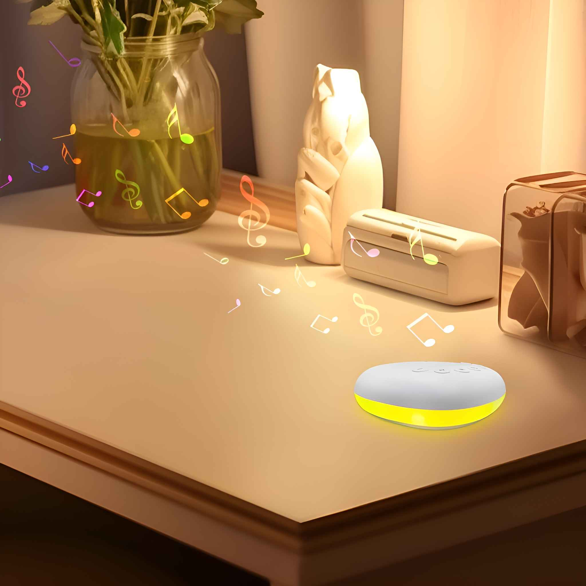 Ein weißer Nachttisch mit einer Geräuschmaschine, einem Glas mit Pflanzen und Musiknoten und einer Lampe.