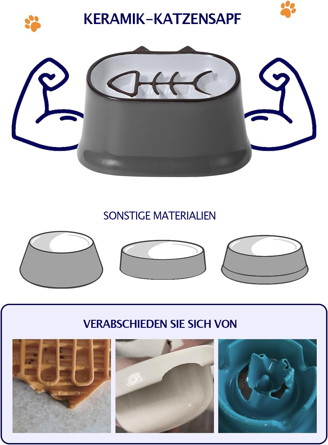 Eine Futterschüssel mit Fischgräten-Design, mit Illustrationen starker Arme. Andere Beispiele für Schüsseln werden unten gezeigt.