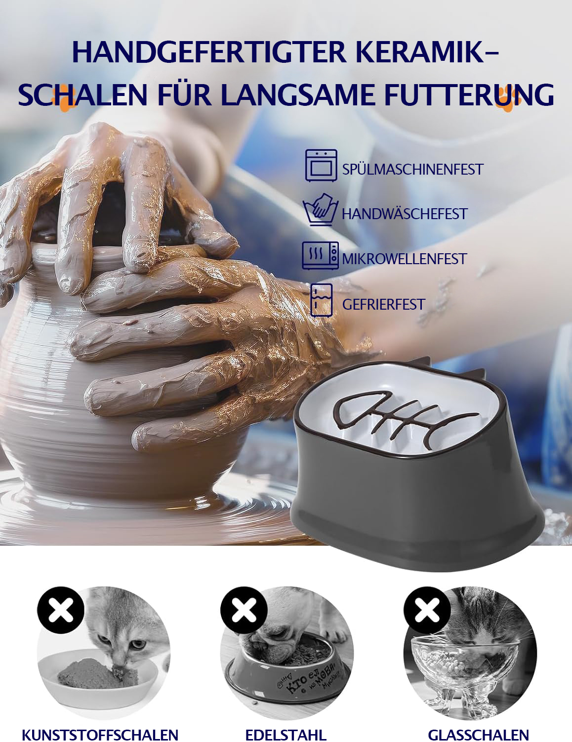 Eine Futterschüssel mit Fischgräten-Design. Das Bild zeigt Hände, die sie aus Ton herstellen, und die Schüssel.