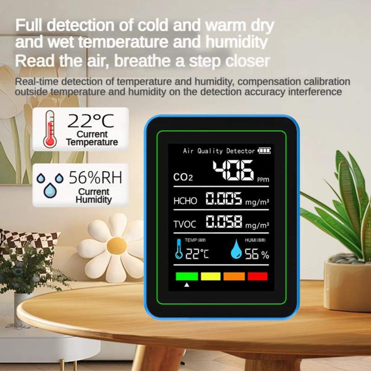 Ein Luftqualitätsdetektor, der die Werte für CO2, HCHO, TVOC, Temperatur (22°C) und Luftfeuchtigkeit (56%) anzeigt.