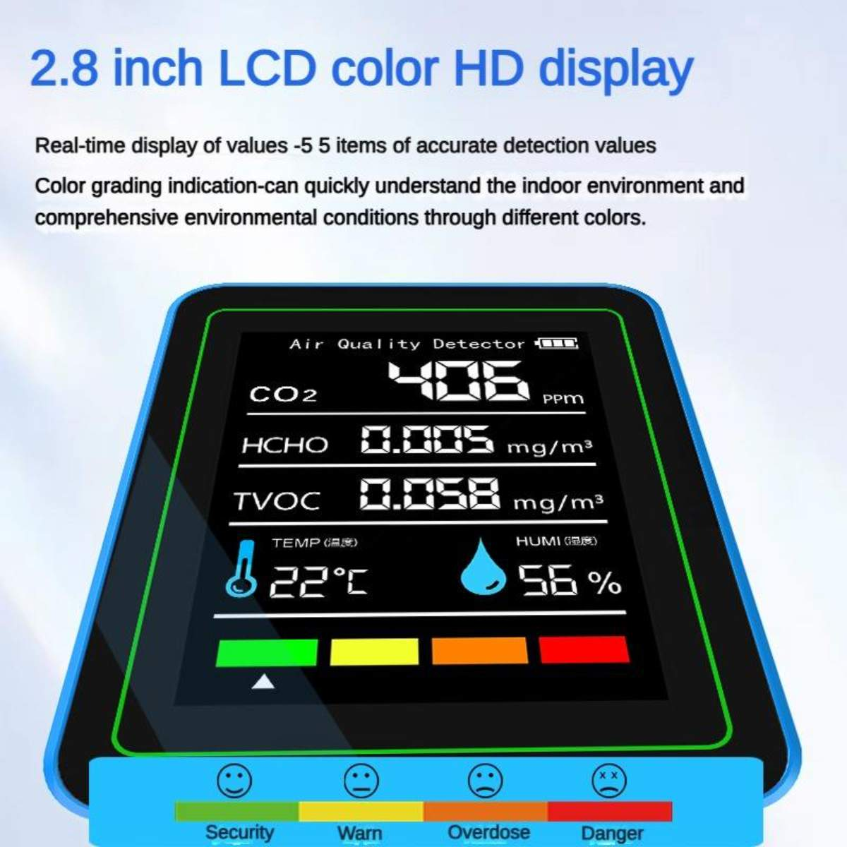 Luftqualitätsdetektor-Bildschirm mit CO2, HCHO, TVOC, Temperatur, Feuchtigkeit und farbcodierter Warnleiste.