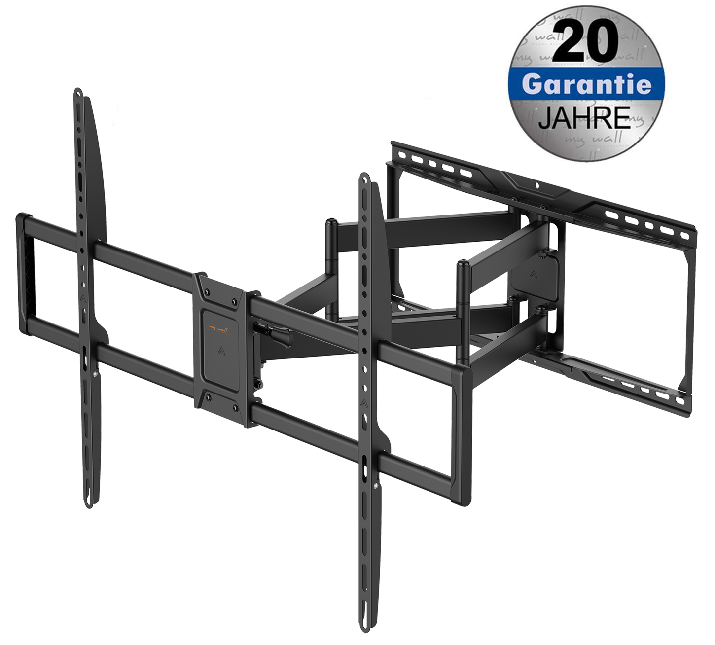 Schwarze TV-Wandhalterung mit mehreren Gelenken. Es hat ein 20-Jahres-Garantie-Abzeichen.