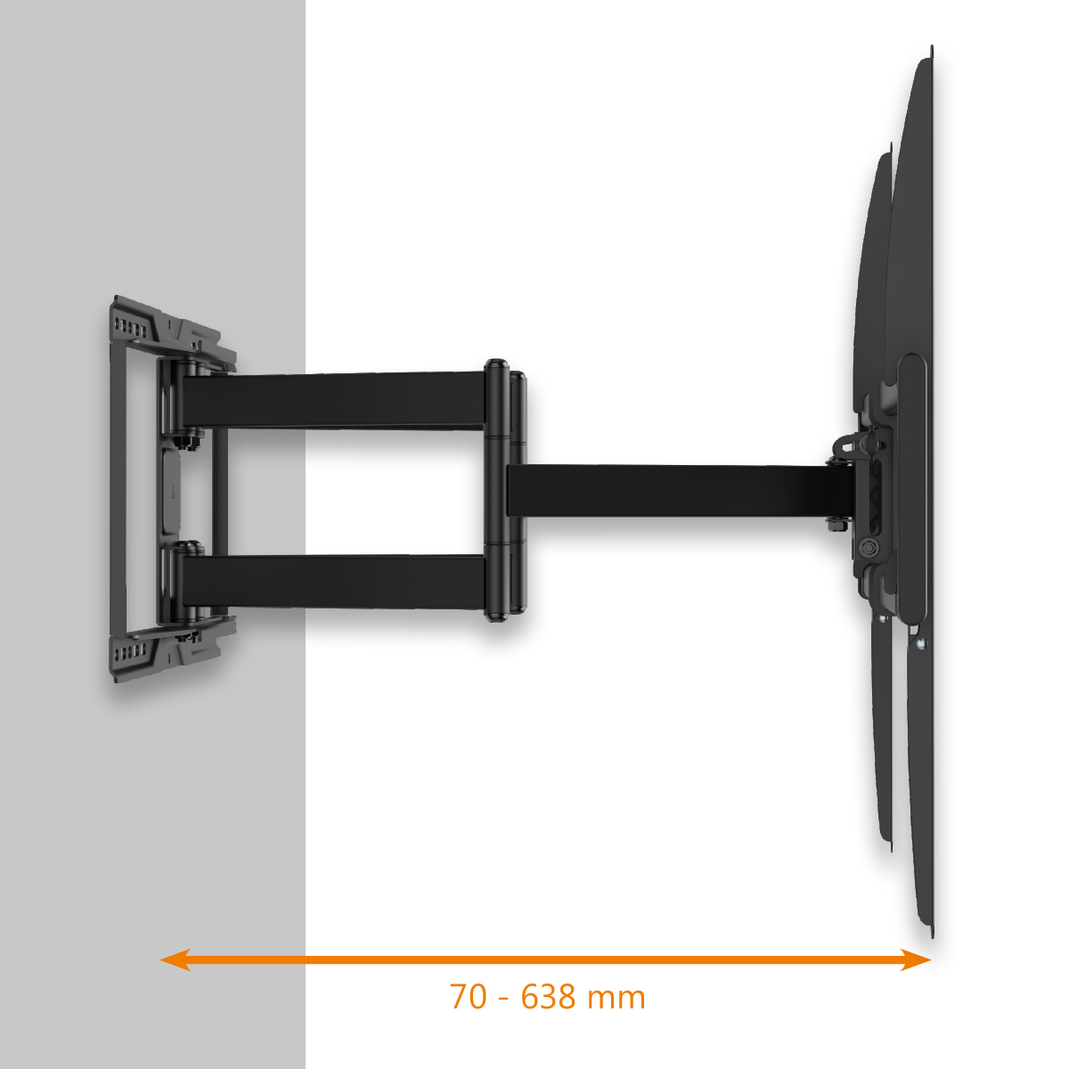 Schwarze TV-Wandhalterung, die sich von einer Wand erstreckt, mit einem Bereich von 70-638 mm, angezeigt durch einen orangefarbenen Pfeil.