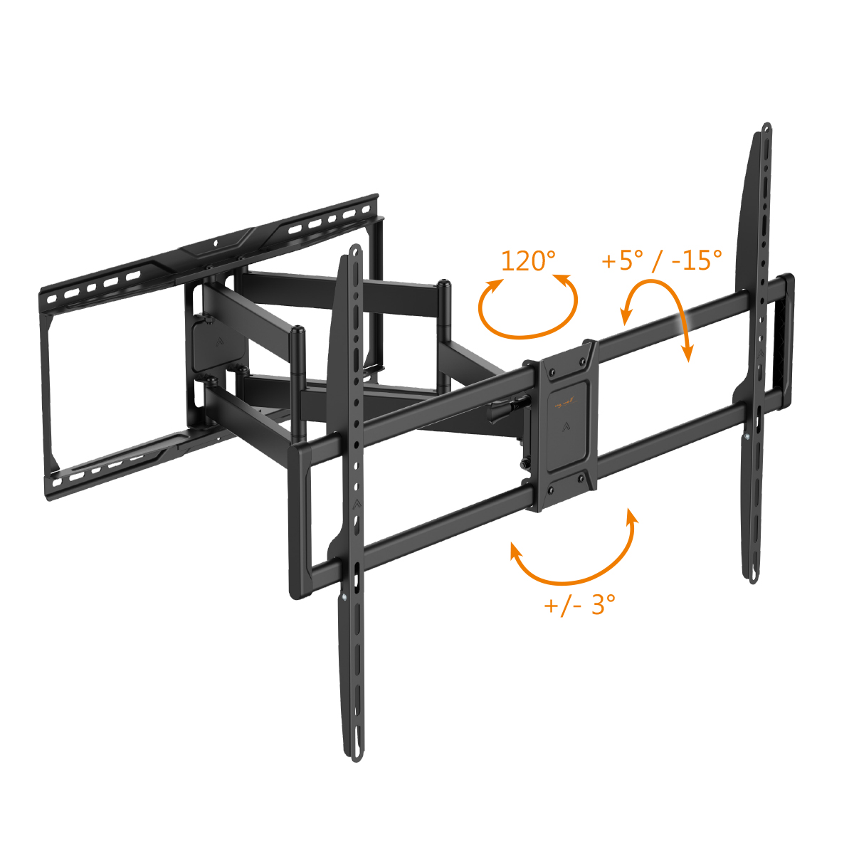 Schwarze TV-Wandhalterung mit verstellbaren Armen, Pfeile zeigen Bewegung und Winkel.