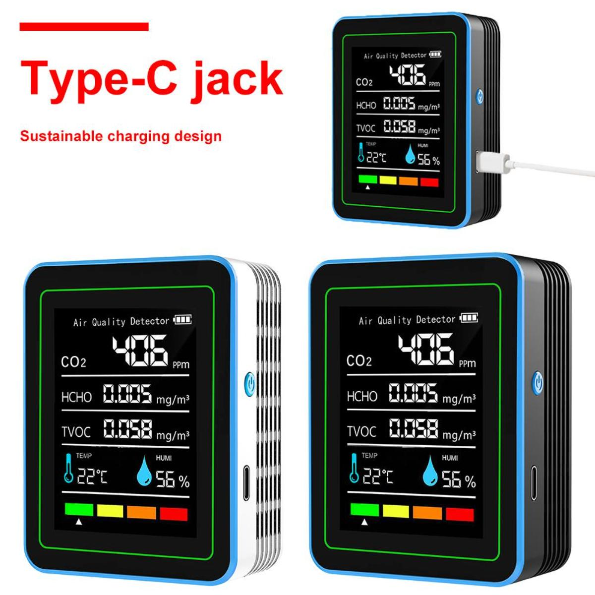Ein Luftqualitätsmonitor mit Bildschirm, der CO2, HCHO, TVOC, Temperatur und Feuchtigkeit anzeigt. Drei Geräte sind abgebildet.