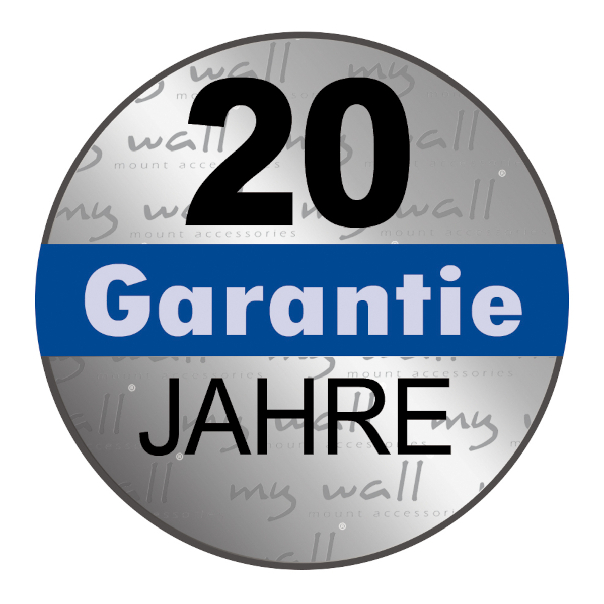 Silbernes und schwarzes rundes Garantieabzeichen mit dem Text '20 Jahre Garantie'.