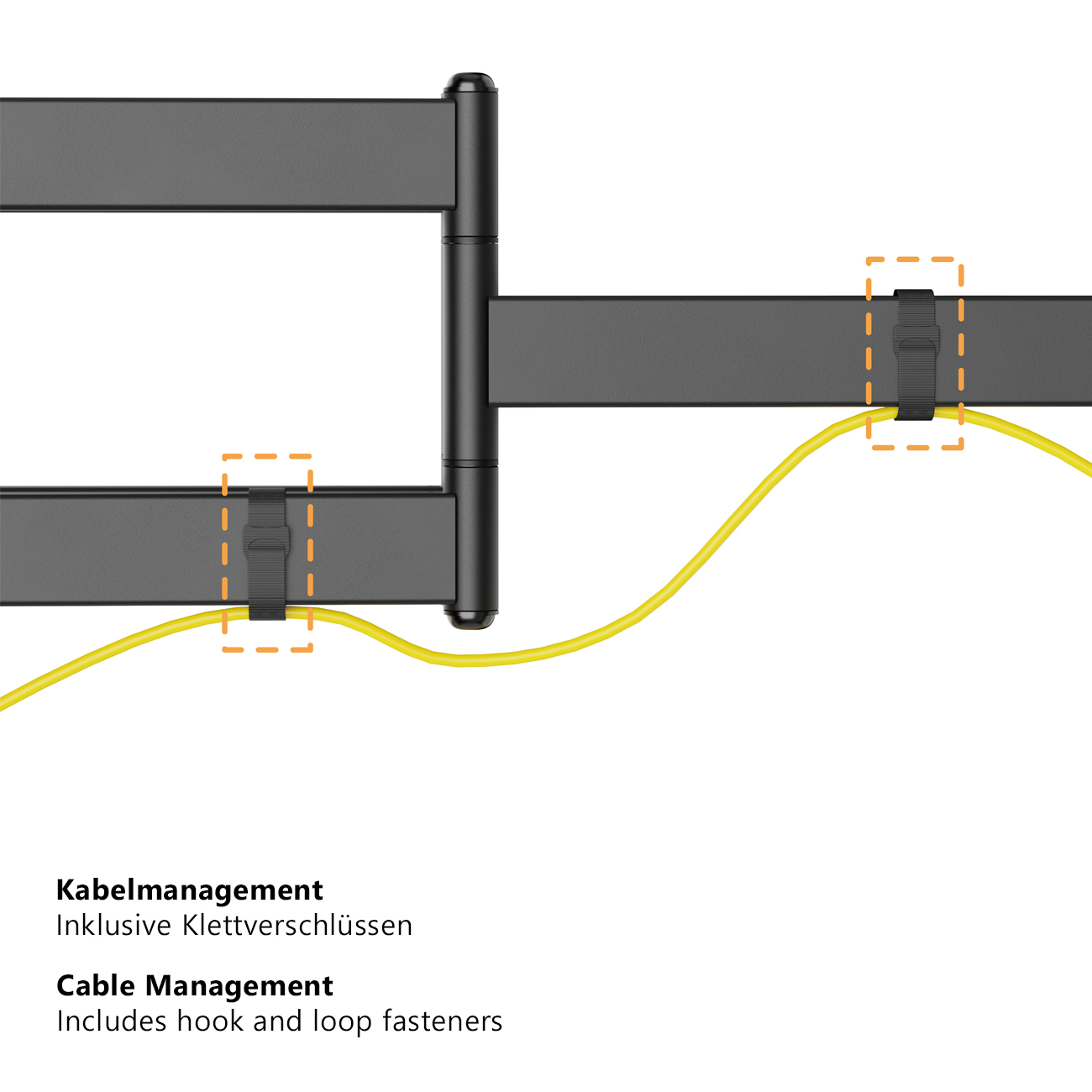 Schwarze TV-Halterung mit gelbem Kabel und Details zur Kabelführung.