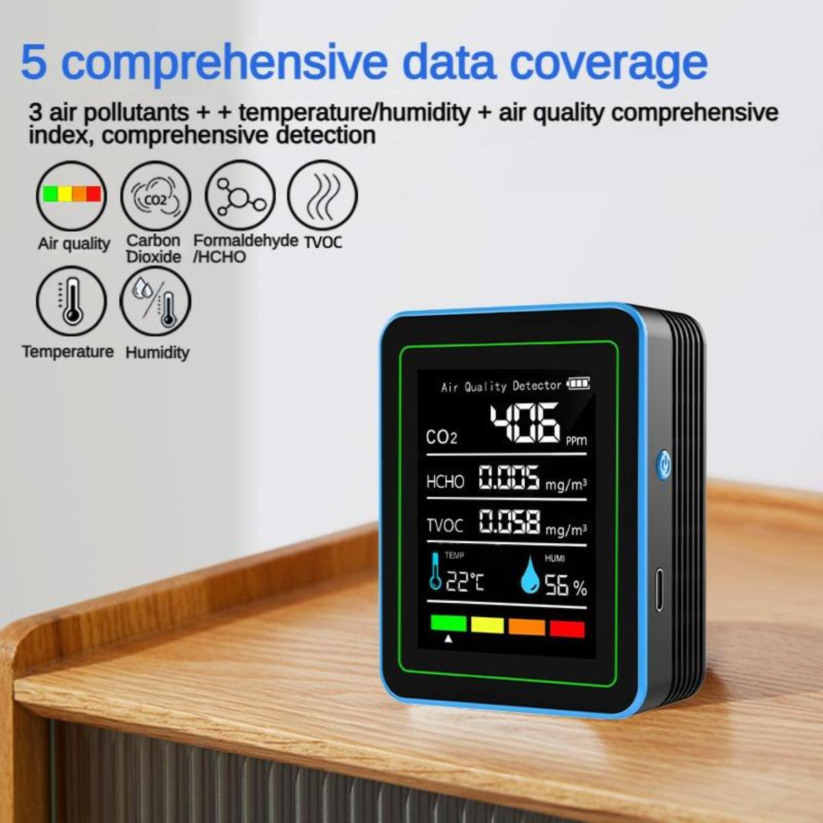 Luftqualitätsdetektor auf Holzoberfläche mit CO2, HCHO, TVOC, Temperatur und Luftfeuchtigkeit.