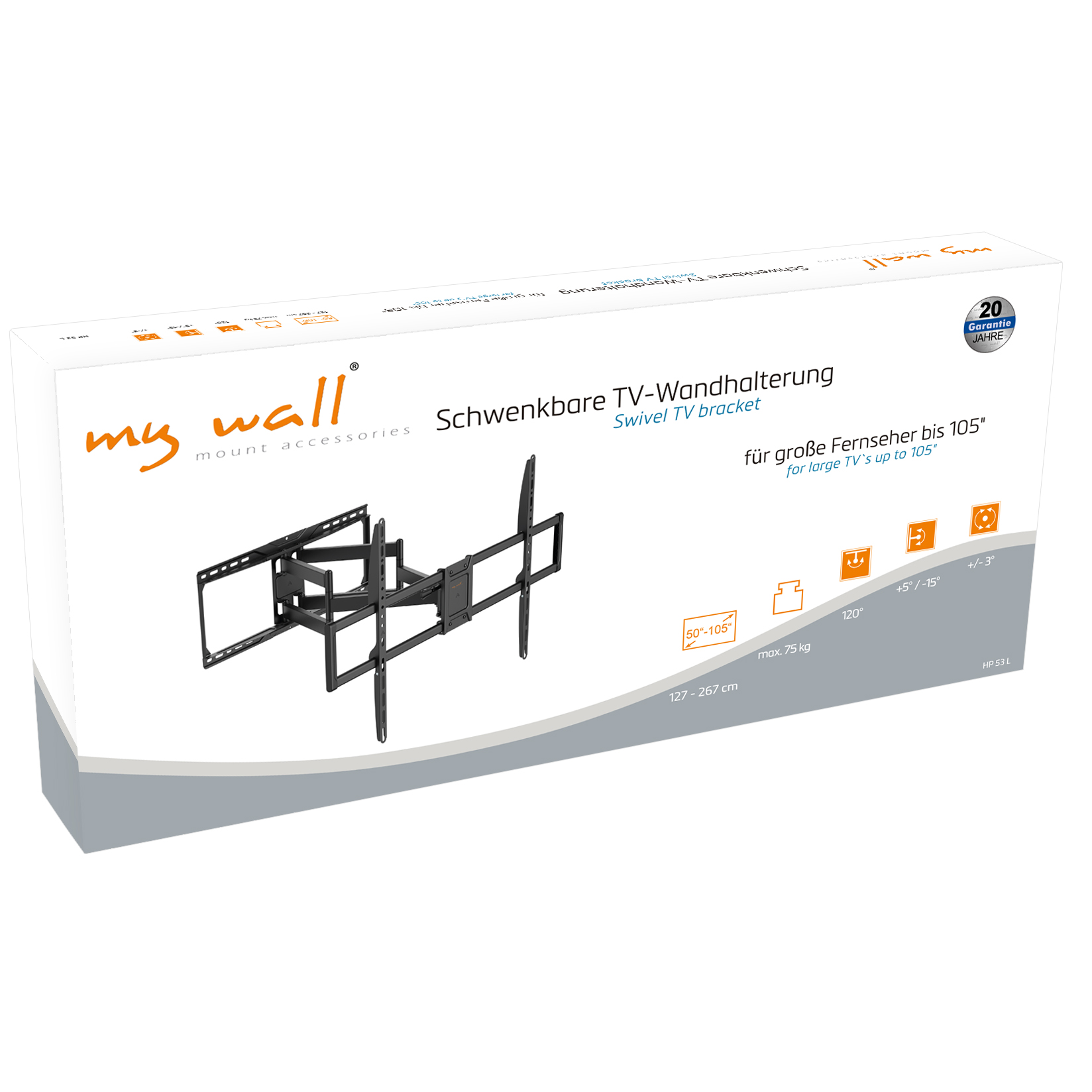 Karton mit schwarzer TV-Wandhalterung, Text lautet 'Schwenkbare TV-Wandhalterung' und 'für große Fernseher bis 105'.