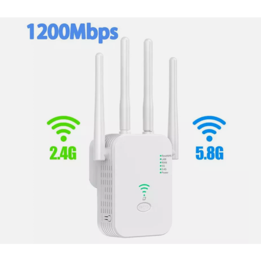 Weißer WLAN-Repeater mit Antennen und Kontrollleuchten, der 2,4G und 5,8G anzeigt.