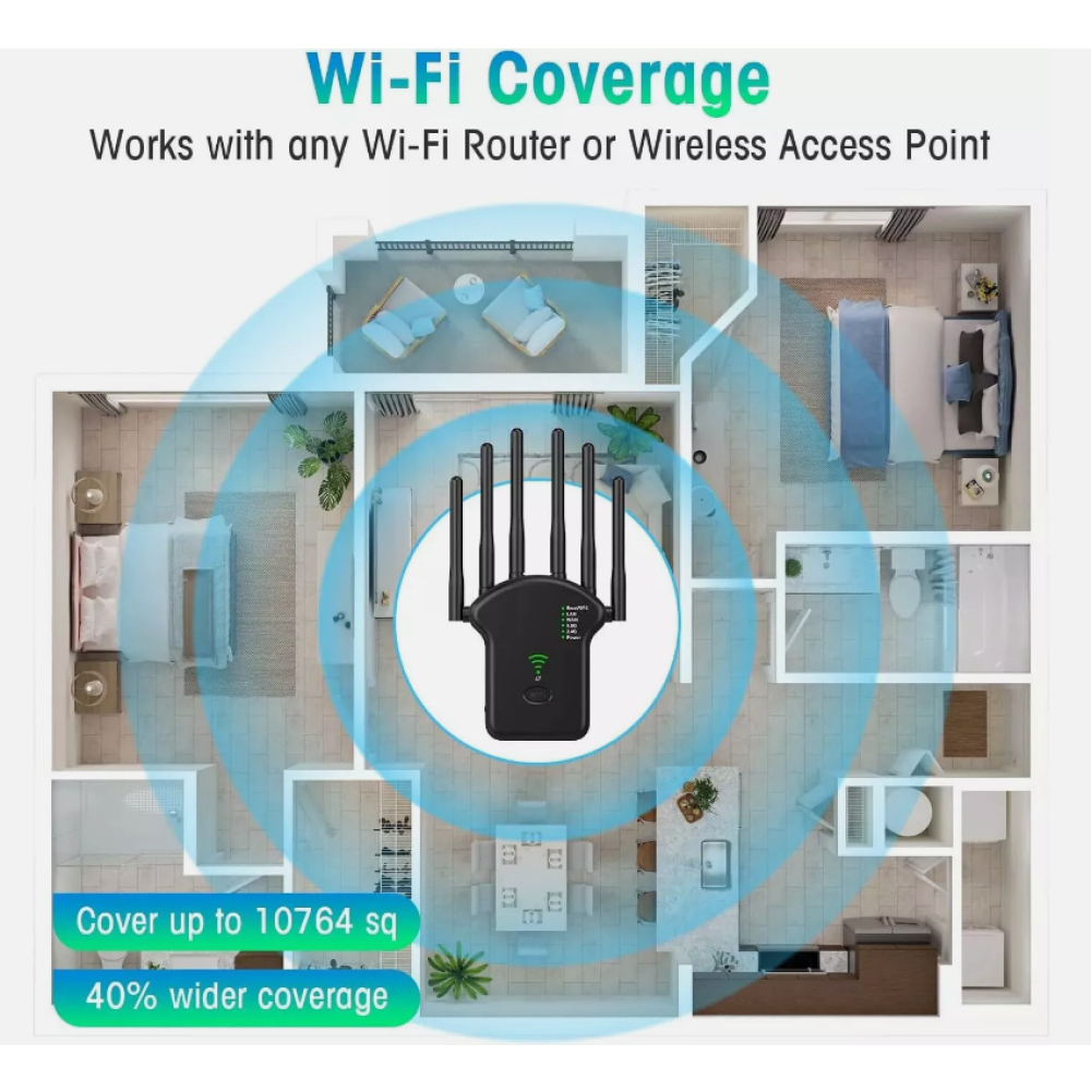 WLAN-Abdeckungskarte. Das Bild zeigt einen Hausgrundriss mit dem WLAN-Extender in der Mitte. Die Abdeckung erstreckt sich darüber hinaus.