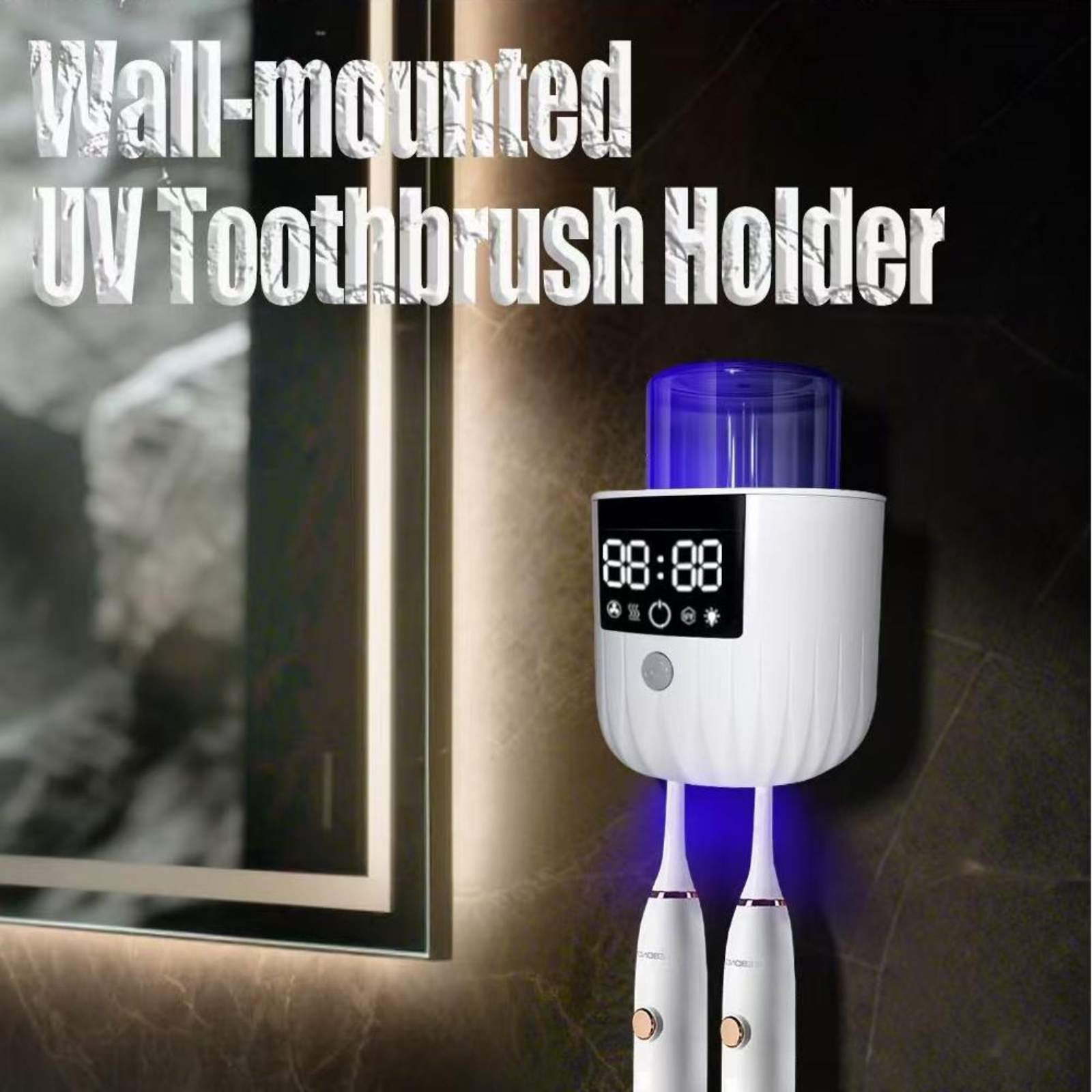 Wandmontierter UV-Zahnbürstenhalter mit Digitalanzeige und zwei Zahnbürsten.