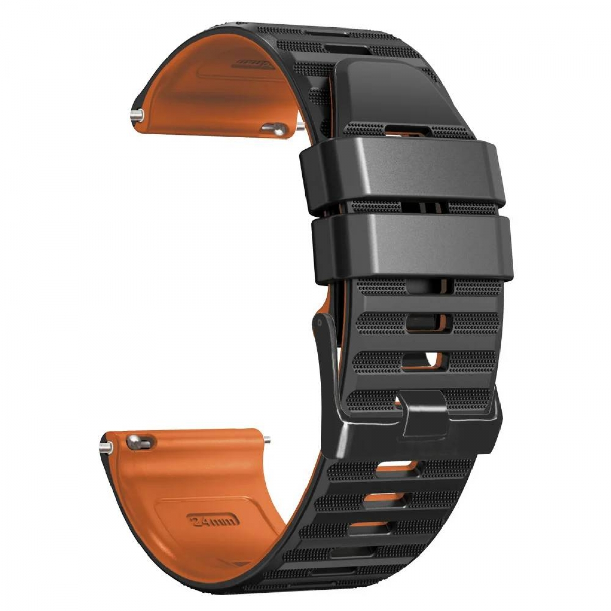 Schwarzes Uhrenarmband mit orangefarbenem Innenraum und Verschluss.