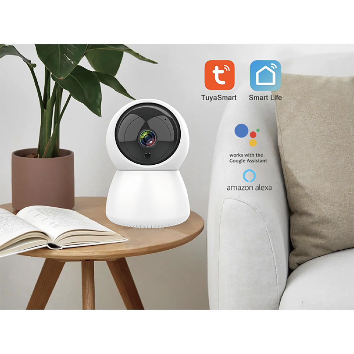 Weiße Sicherheitskamera auf einem Holztisch neben einer Pflanze, mit Smart-Home-Logos.