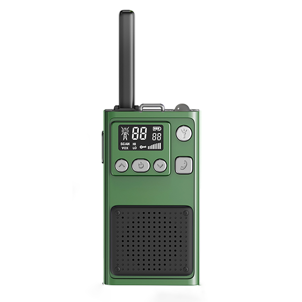 Grünes Walkie-Talkie mit Antenne und Display, isoliert auf weißem Hintergrund.