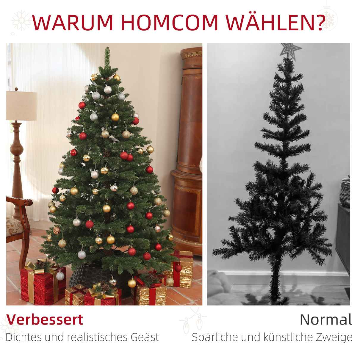 Dekorierter Weihnachtsbaum neben einem spärlichen. Text: Warum Homcom wählen?