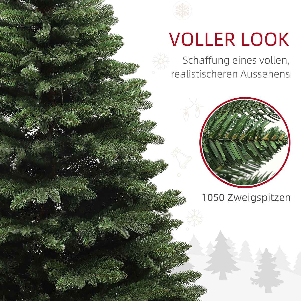 Nahaufnahme eines grünen Weihnachtsbaums mit Zweigdetail. 1050 Spitzen.