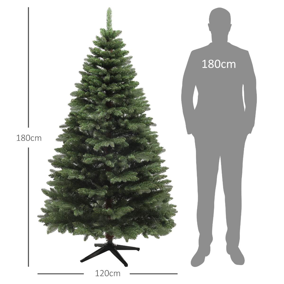 Ein hoher grüner Weihnachtsbaum mit einer Person Silhouette daneben. Abmessungen werden gezeigt.