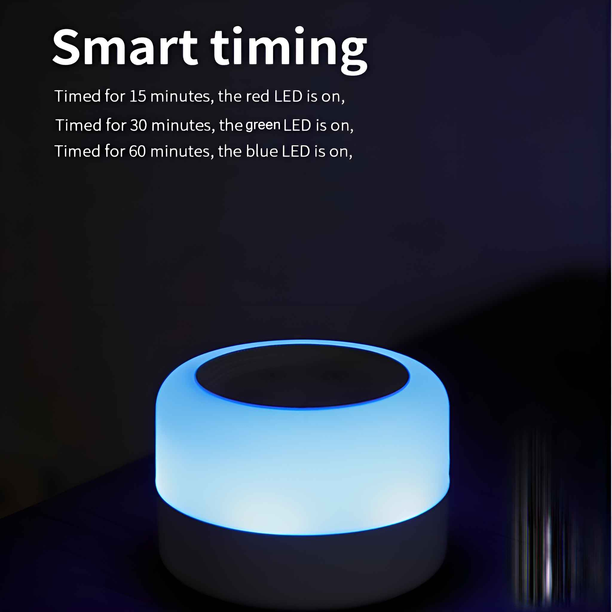 Eine blau-weiße Lampe mit dunklem Hintergrund. Text: Smart Timing und LED-Dauerzeiten.