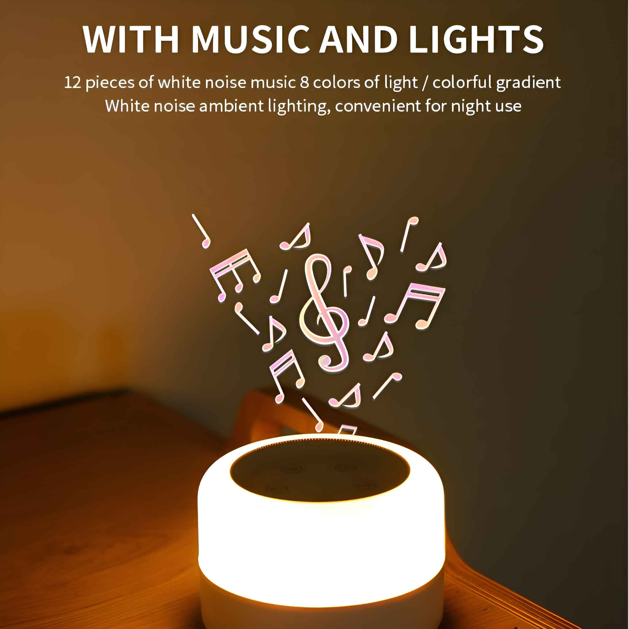 Weißes Gerät mit Noten, das Licht emittiert. Eine weiße Lampe im Vordergrund.