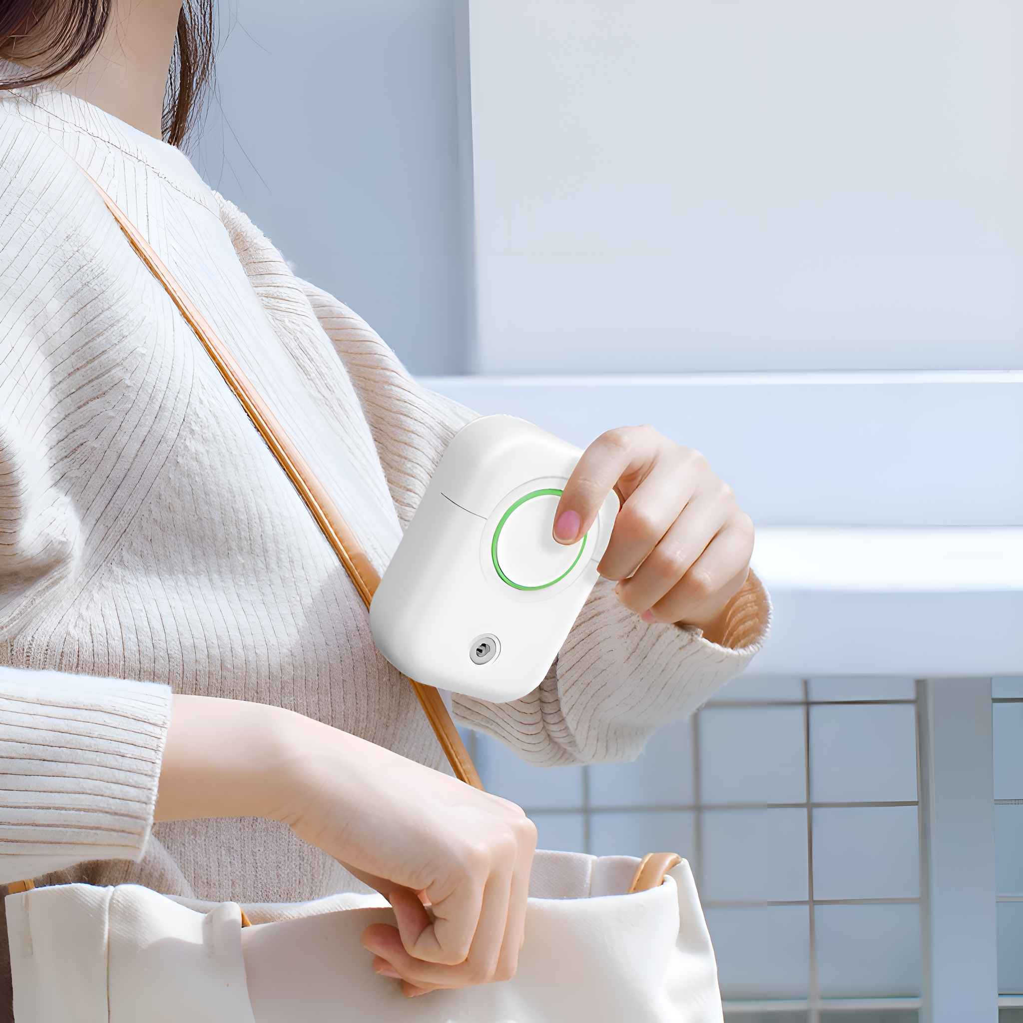 Eine Frau hält ein weißes Gerät mit grünem Knopf, trägt einen beigen Pullover, in der Nähe einer Tasche.