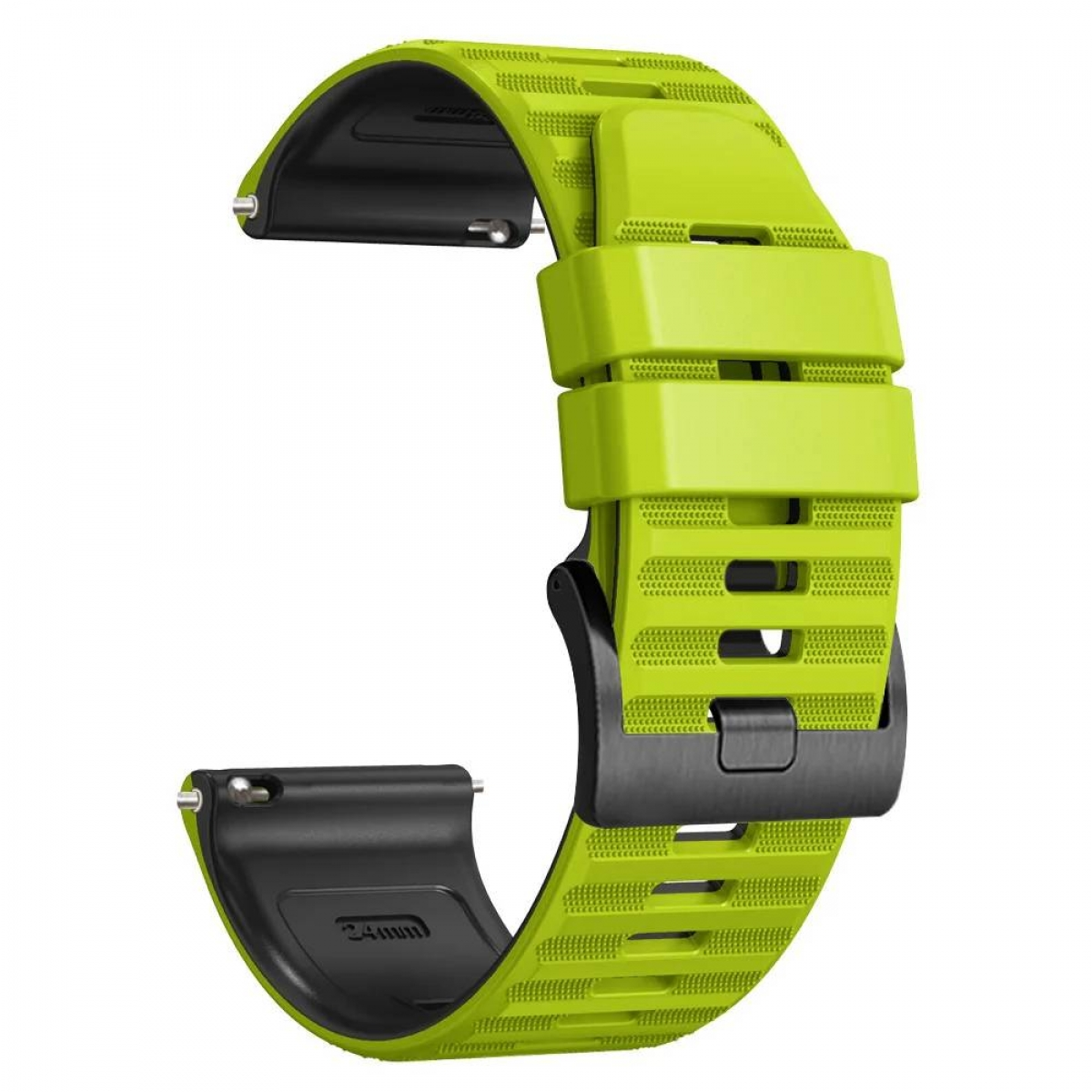 Grünes Uhrenarmband mit schwarzer Schnalle. Das Armband ist strukturiert.