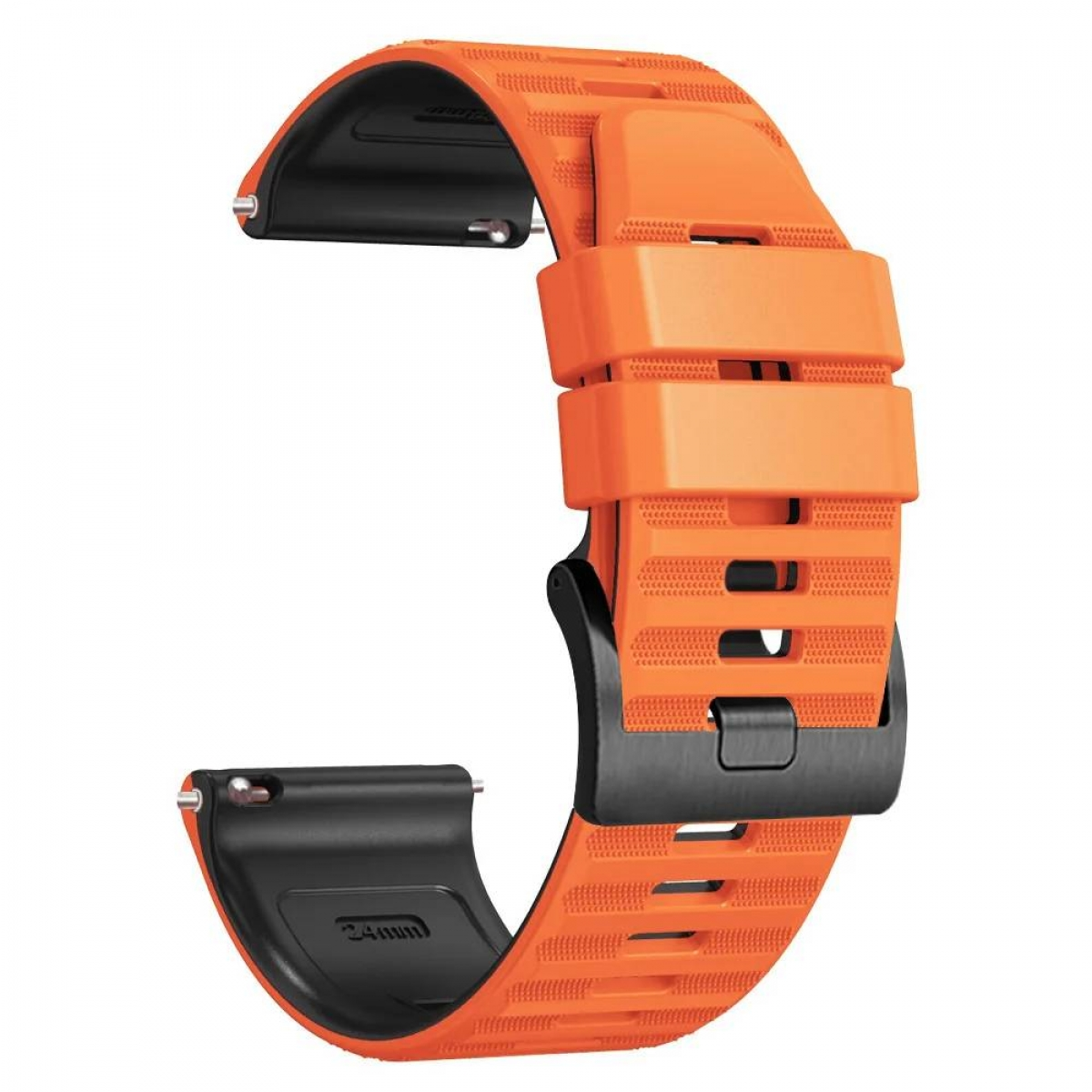 Orangenes Uhrenarmband mit schwarzer Schnalle. Das Armband ist strukturiert.