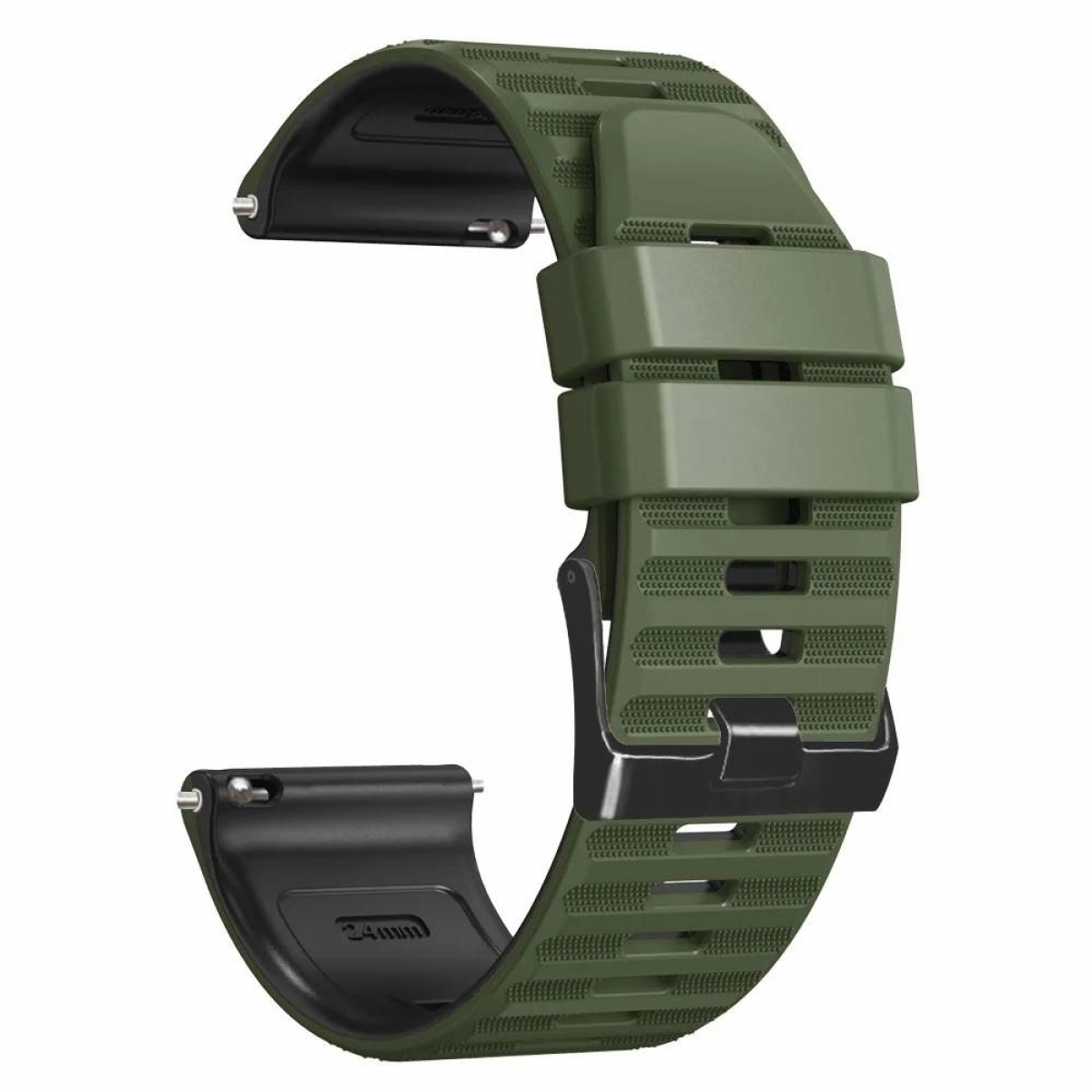 Olivgrünes Uhrenarmband mit schwarzer Schnalle. Das Armband ist strukturiert.